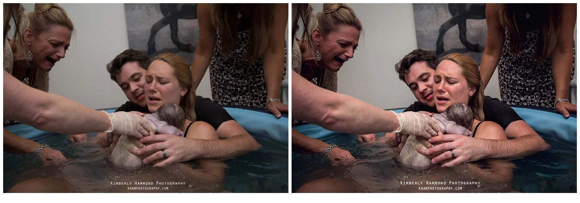 Mom embraces new baby during water birth at Gentle Beginnings Birth Center in Hurst, TX.