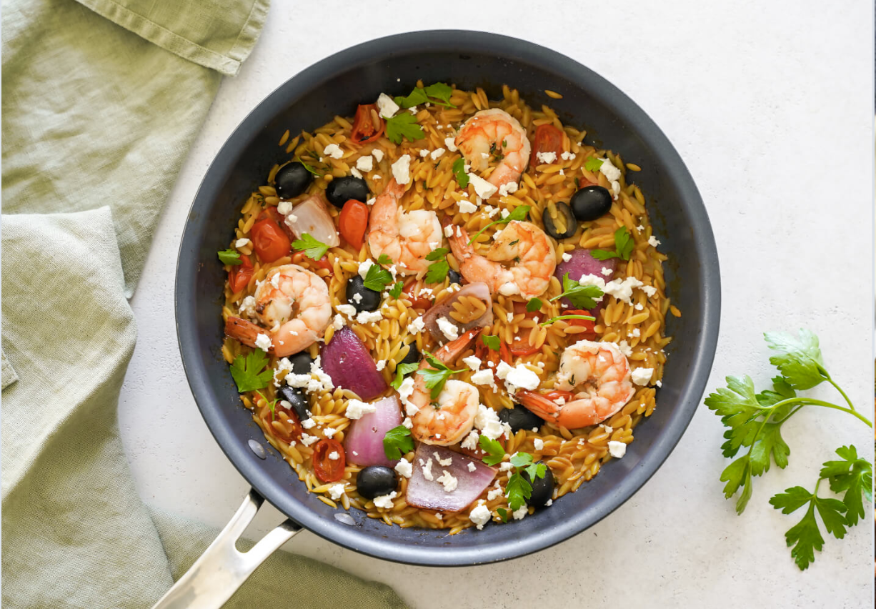 Recipe of the Month - May 2026:  One Pan Mediterranean Shrimp Orzo