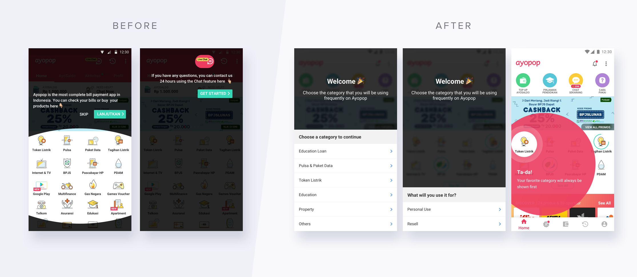 Old & New Onboarding: Asking the user what category they will primarily use on Ayopop