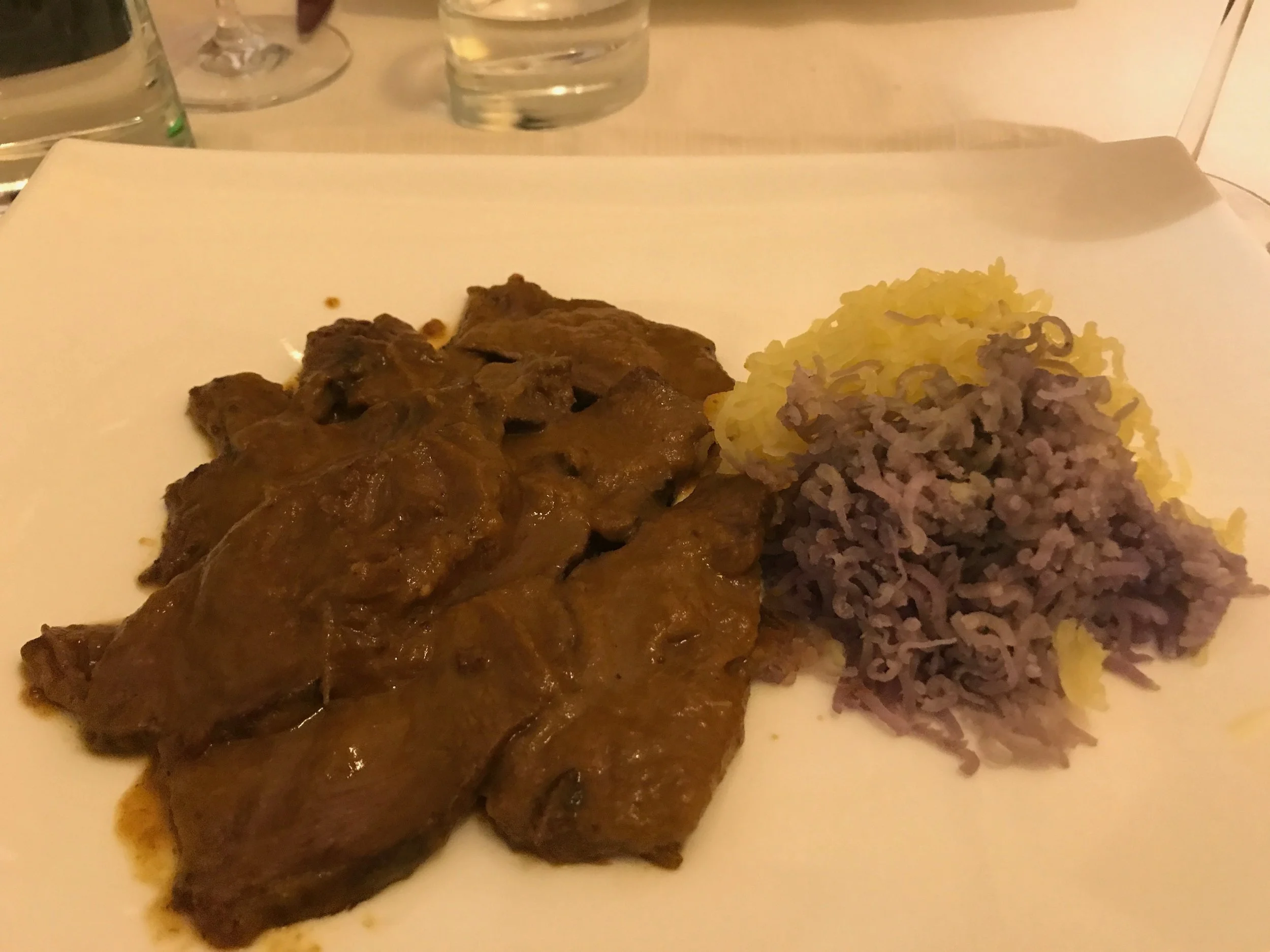  Last course: braised beef with red wine, served with two types of pressè&nbsp;potatoes. 