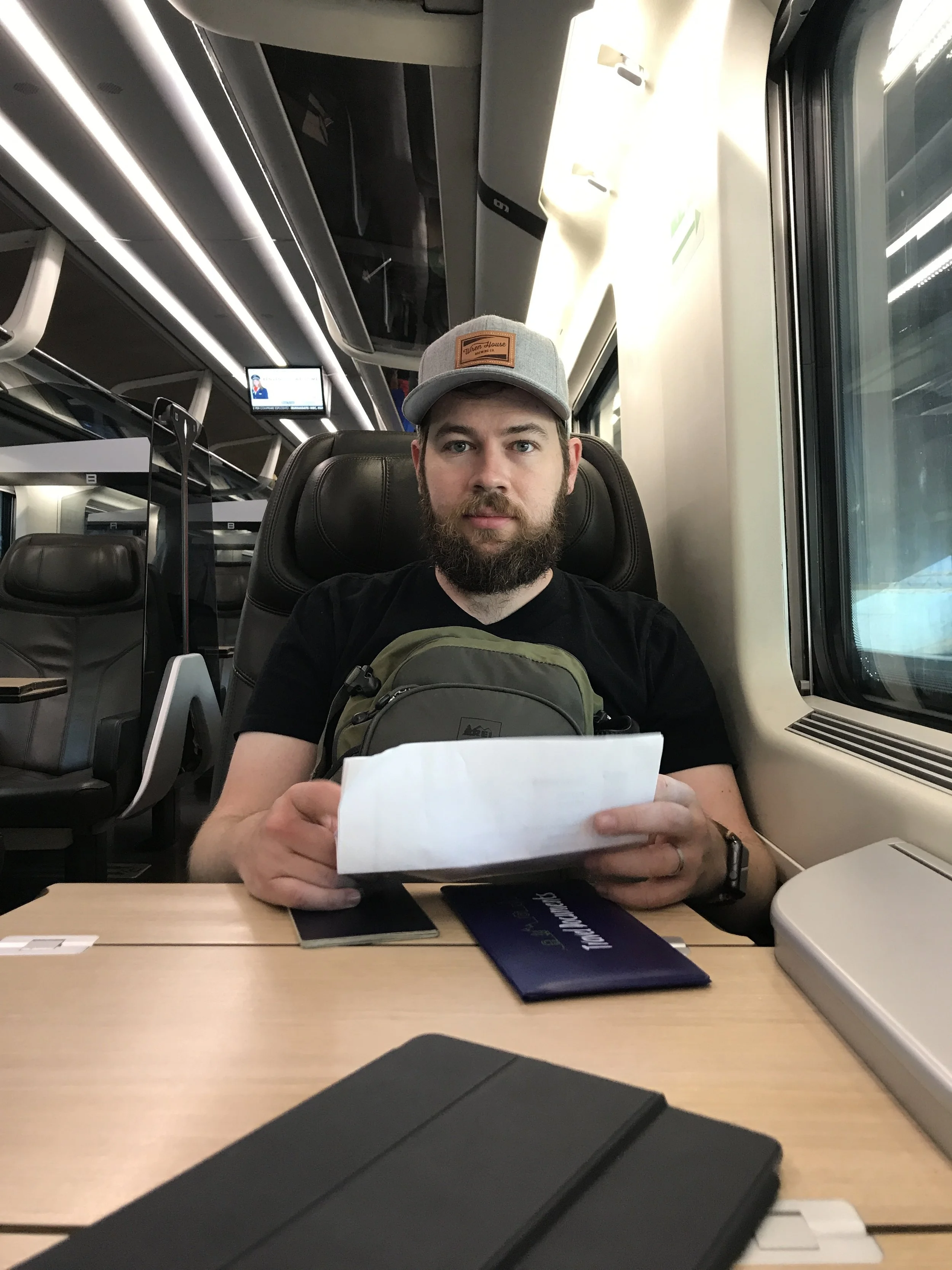  The Beard was in charge of all things Eurail-related. Here he is, filling out Eurail's mandatory "Travel Diary"--each day has to be filled out exactly, and when rail conductors would come by to check tickets, they'd go through each and every tiny de