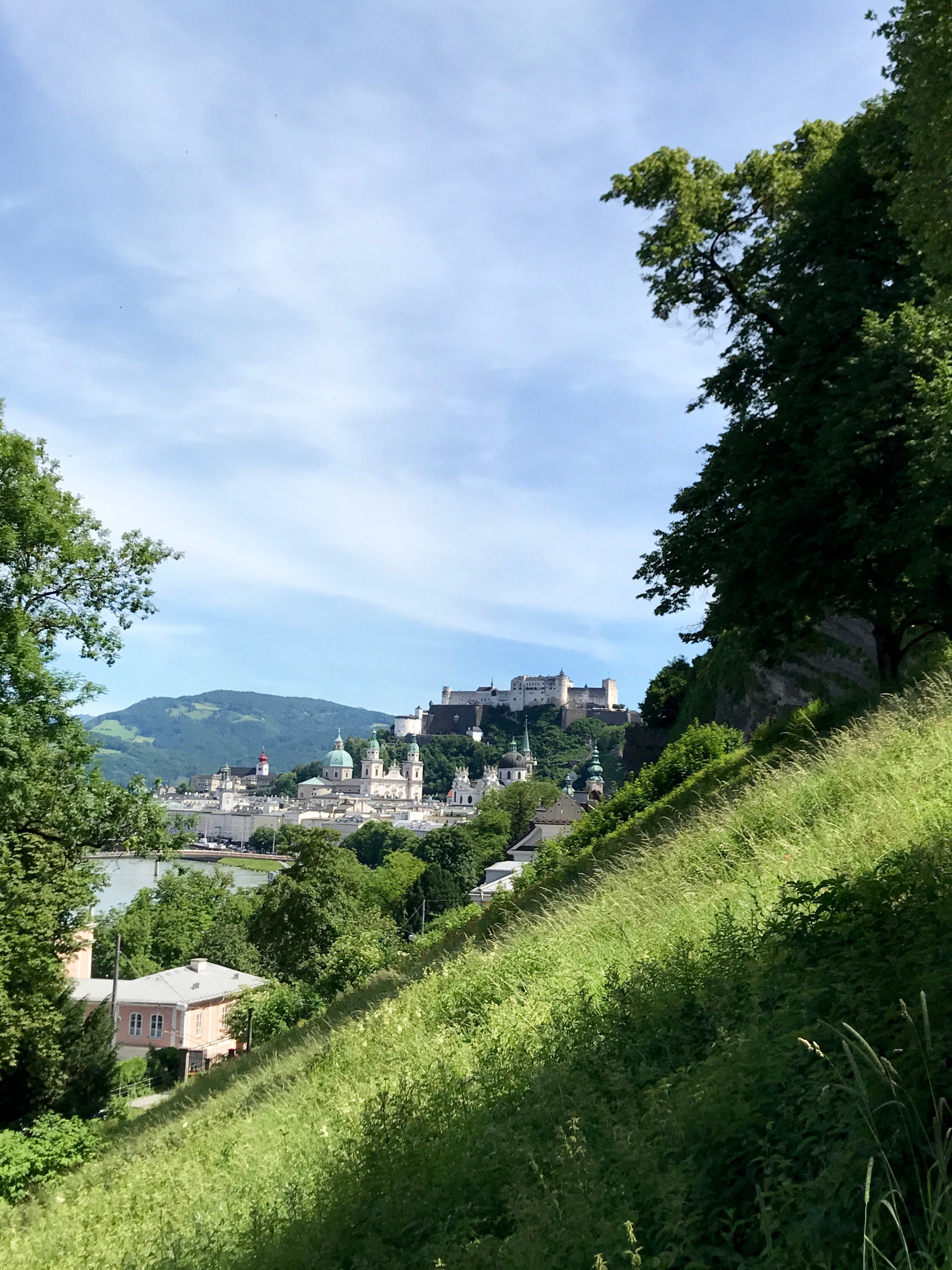  Our time in Salzburg ended with a trip up its second-highest hill, not far from the fortress just to the south. Tucked into one side was Augustinerbräu's Kloster Mülln, our first "real" beer garden. Imagine a sprawling, tree-covered terrace with hun