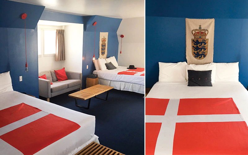 One of our favorite places to stay in Solvang is the Hamlet Inn . The rates are affordable, rooms are clean and brightly decorated, they have free bikes you can rent and they are right in the heart of the downtown shops and restaurants. Room 1 has two beds, a couch and a mini fridge, perfect for sharing with friends. 