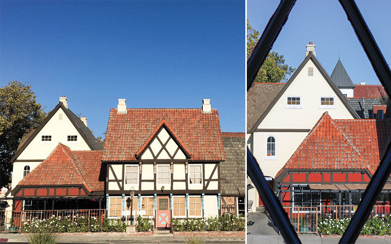 A view of classic Solvang architecture from our room at Hamlet Inn.
