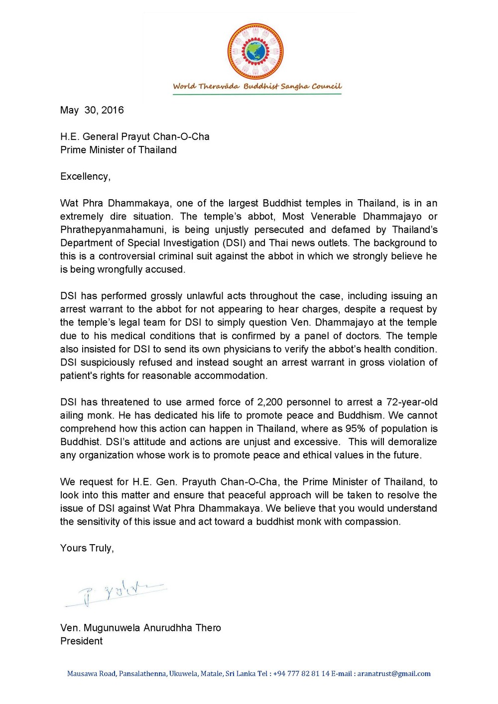 Letter to Prime Minister of Thailand from the World Theravada