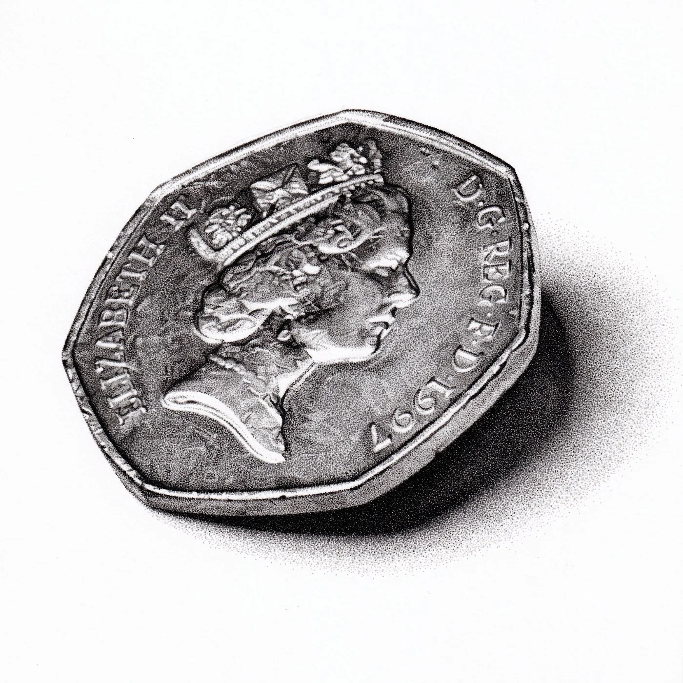 Stipple drawing of a 1997 UK 50 pence coin, featuring a detailed portrait of Queen Elizabeth II, created with fine dots in black ink.
