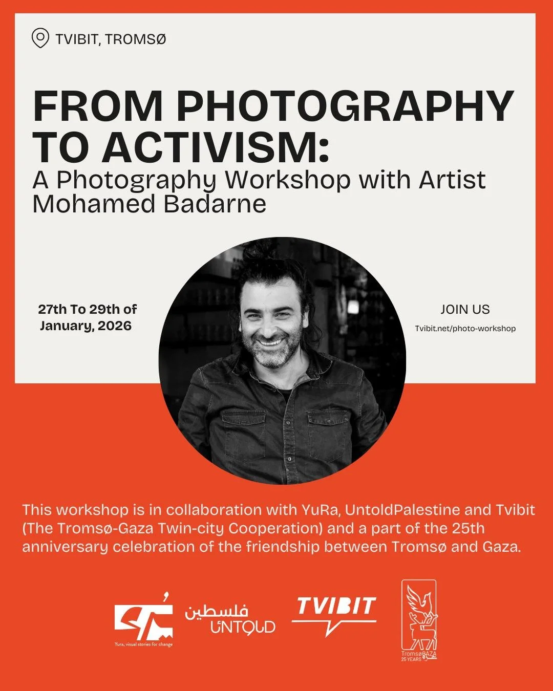 We are excited to host the Palestinian artist and photographer Mohamed Badarne this week in Troms&oslash;. 

Mohamed Badarne was born in the Palestinian village of Arraba, located in the Galilee region. He became involved in social activism as a teen