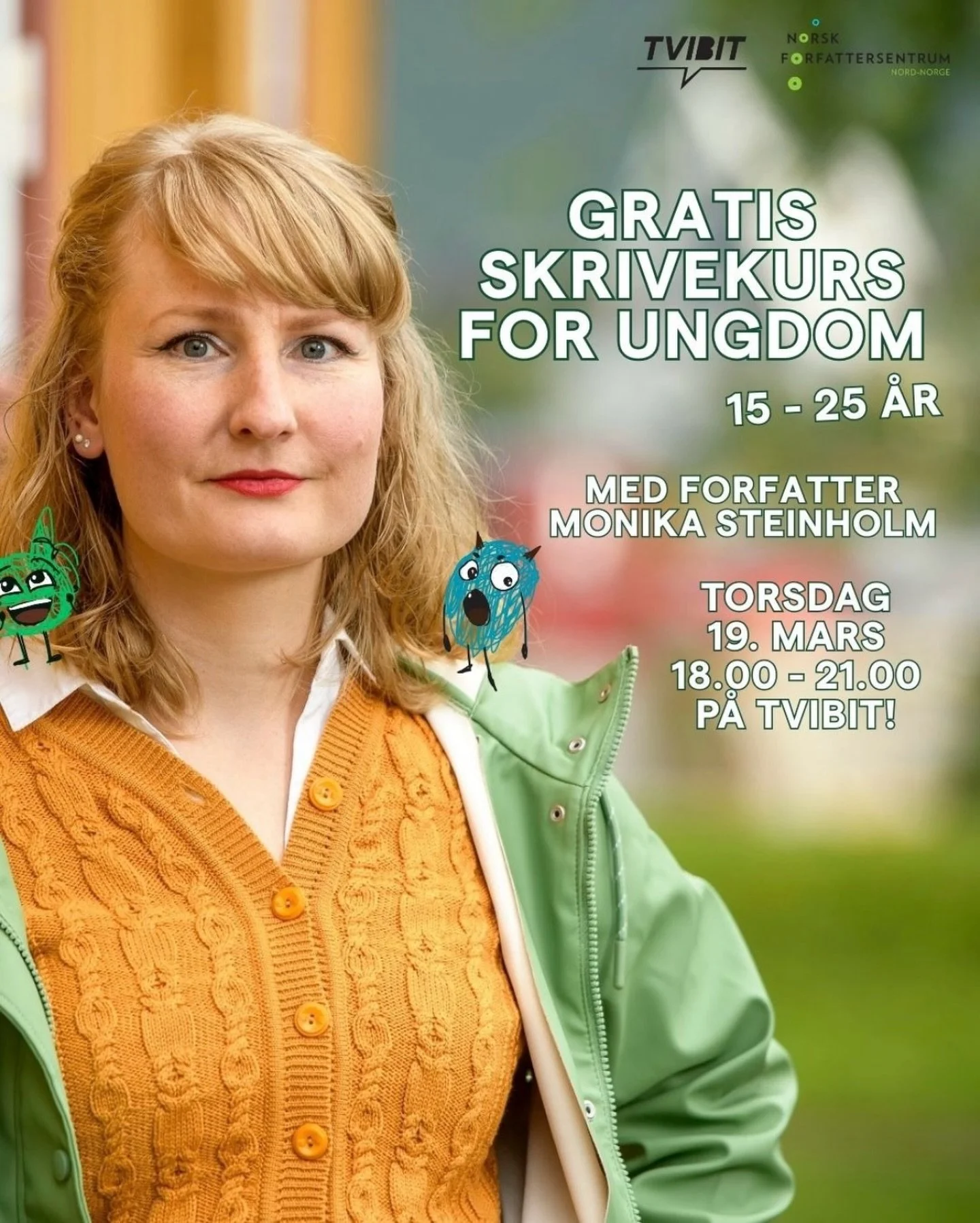 Er du 15&ndash;25 &aring;r og nysgjerrig p&aring; hvordan fiksjon kan speile verden vi lever i?🌎📝 
Norsk Forfattersentrum Nord-Norge kommer tilbake til Tvibit og &oslash;nsker denne gangen velkommen til gratis skrivekurs med Troms&oslash;forfatter 