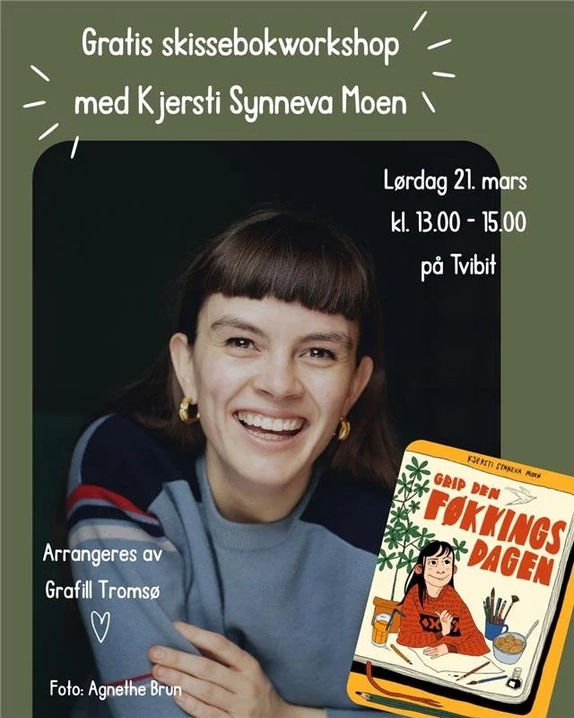 F&oslash;rstkommende l&oslash;rdag 21. mars kl. 13.00 - 15.00 kommer Grafill Troms&oslash; til Tvibit og inviterer til gratis skissebokworkshop med forfatter og tegneserieskaper Kjersti Synneva Moen! ❤️ ���
 
I l&oslash;pet av to timer deler Kjersti 