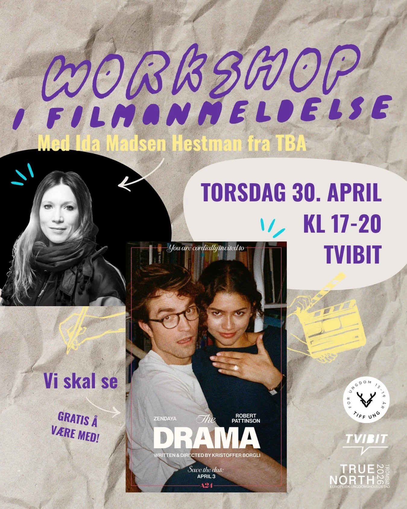 Hva skal til for &aring; skrive en god filmanmeldelse?🎞️✍️
I denne workshoppen ledet av Ida Madsen Hestman fra TBA (@tbatba.no) f&aring;r du svaret!

📅TORSDAG 30. APRIL
⏰KL 17-20 
📍TVIBIT

Det blir en introduksjon til hvordan tenke om film, hva ma