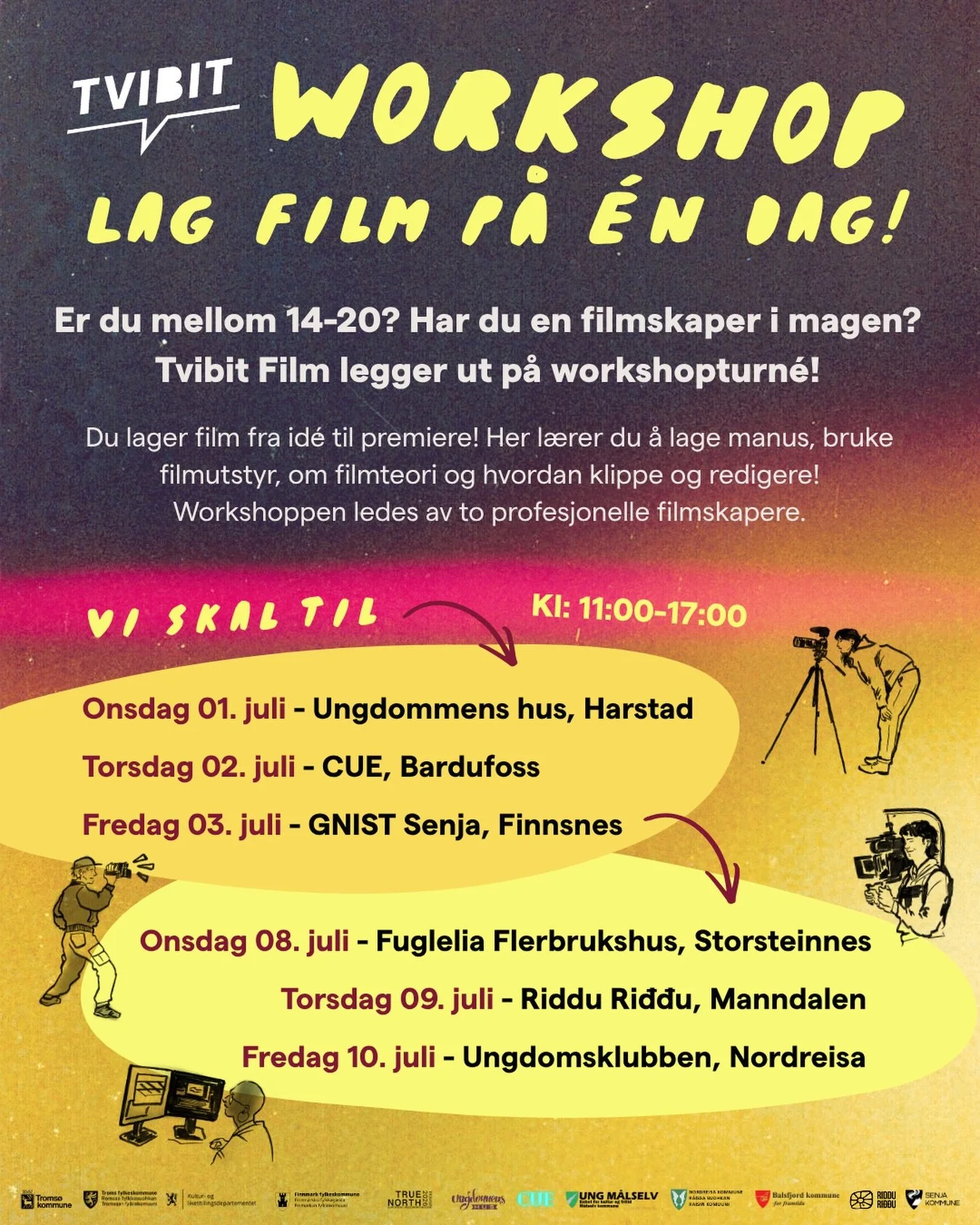 Tvibit Film kommer til 6 steder i Troms i sommer med workshoppen: Lag film p&aring; &eacute;n dag! 🎥 

Du trenger ingen forkunnskaper for &aring; bli med! Workshoppene ledes av to profesjonelle filmskapere til &aring; hjelpe deg.🎞️✨

Hvert stoppest