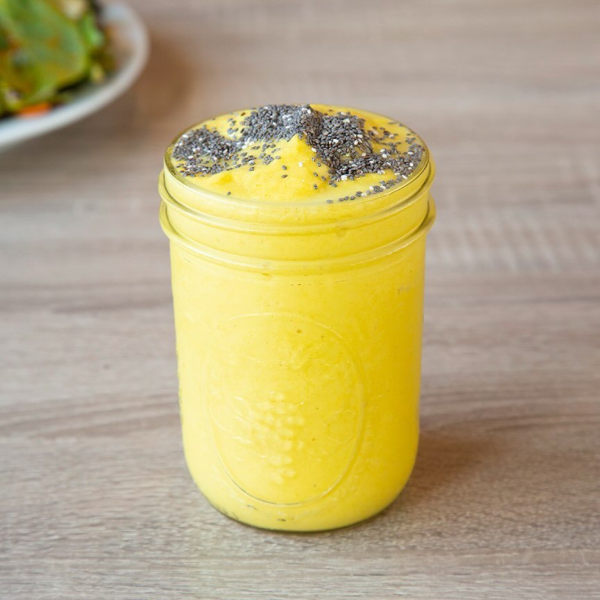Feel refreshed &amp; fuel your body with our 100% organic Blissful Smoothie! 🌿✨ Crafted from the finest ingredients: coconut water, pineapple, mango, avocado, and a hint of turmeric, topped with chia seeds for that extra crunch 🥥🥭
⁣
We have over 1
