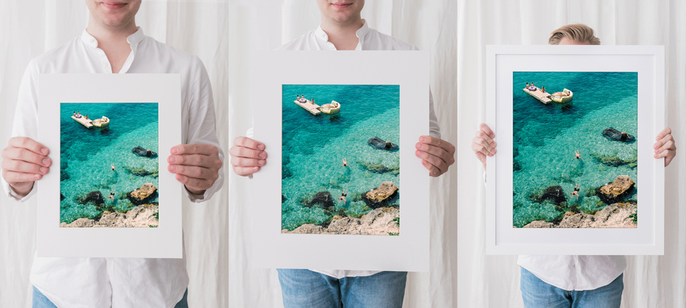 Left to right: 8x10 inch with matt, 11x14 inch with matt, 16x20 inch framed