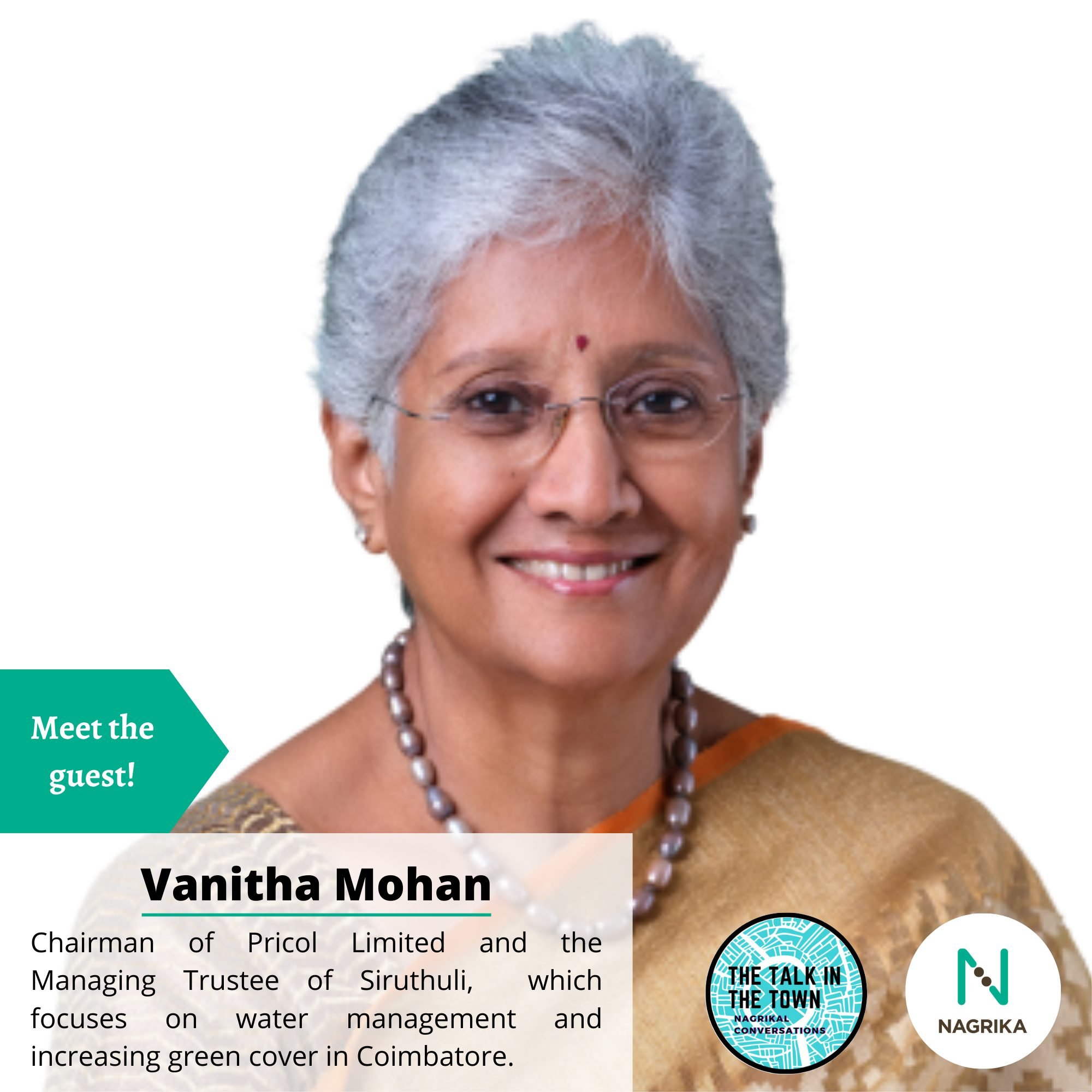 #Talkinthetown
On episode 5 of Season 3 of our podcast Talk in Town, we spoke to Ms. Vanitha Mohan. She is a prominent entrepreneur and passionate nature lover based in Coimbatore, Tamil Nadu.

Ms Mohan is currently the Chairman of Pricol Limited and