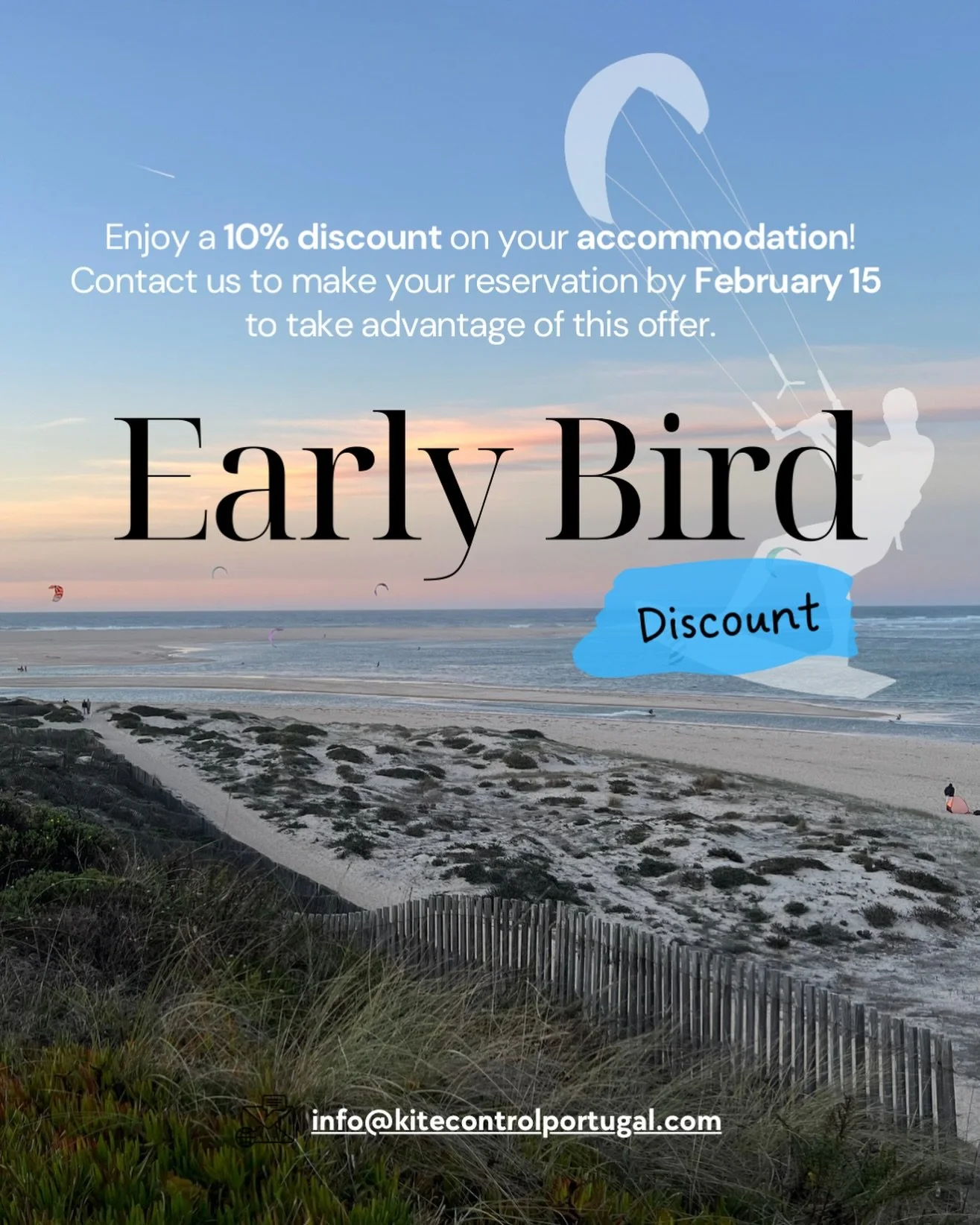 🌅 Early Bird Special is here!
Enjoy 10% off your accommodation when you book before February 15!
Secure your spot, chase the wind and wake up by the ocean 🌊✨🦋

📩 Contact us to reserve the spot!
📧 info@kitecontrolportugal.com
📞 +351 912 757 940
