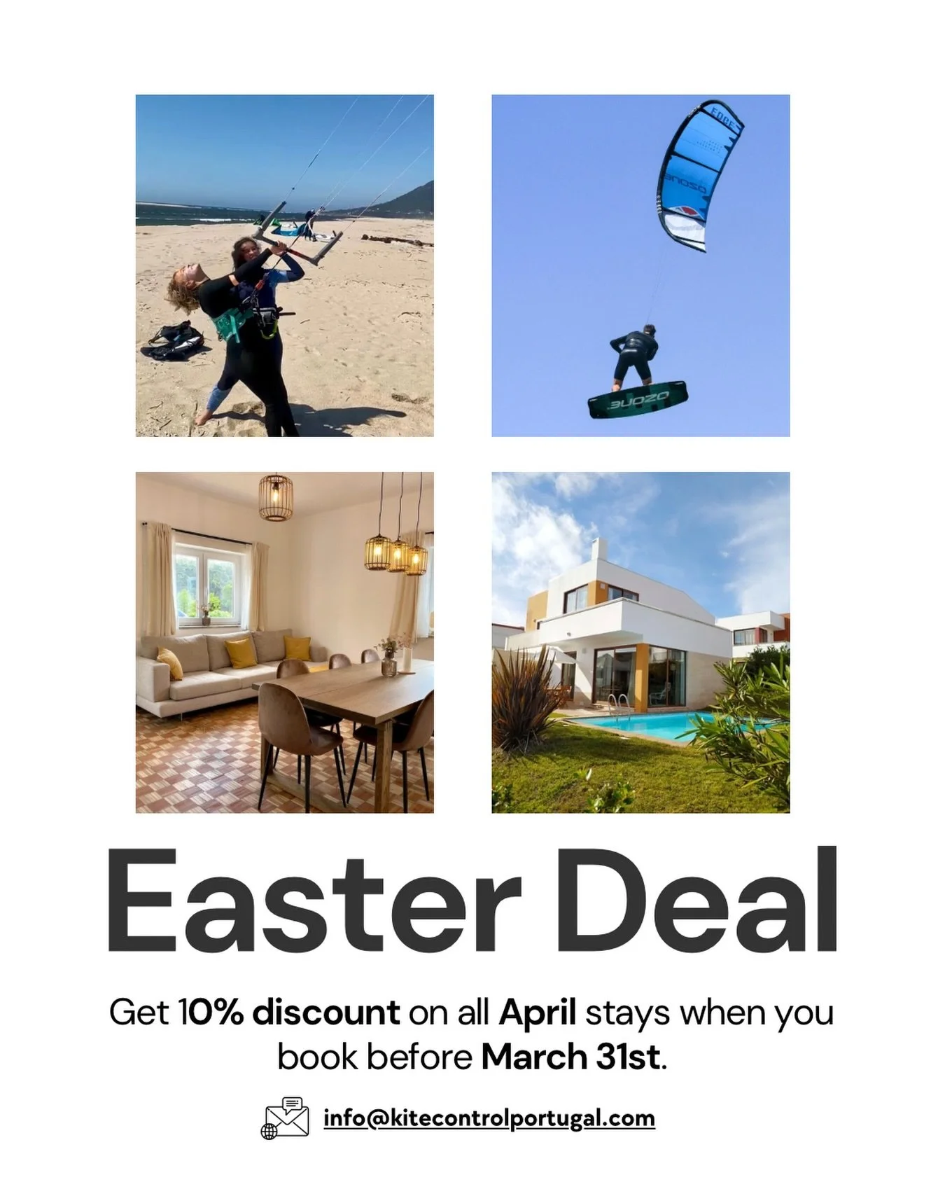 Easter Deal! 🪁💨

Plan your Portuguese vacation! 😊

Book your stay before March 31st and enjoy 10% OFF all stays in April.

⛱️ Beautiful beaches
🌊 Perfect kitesurf conditions
🏡 Comfortable accommodation

Don&rsquo;t miss this limited Easter offer