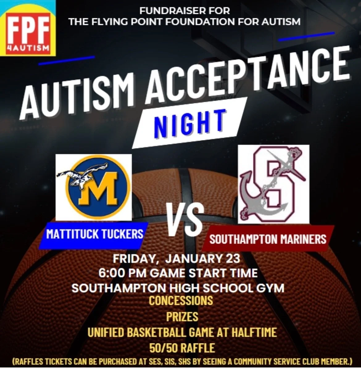 TOMORROW Night!! Friday Jan. 23 6pm. Autism Acceptance Night at the  @southampton_ufsd basketball game. 

(see flyer for more info)
