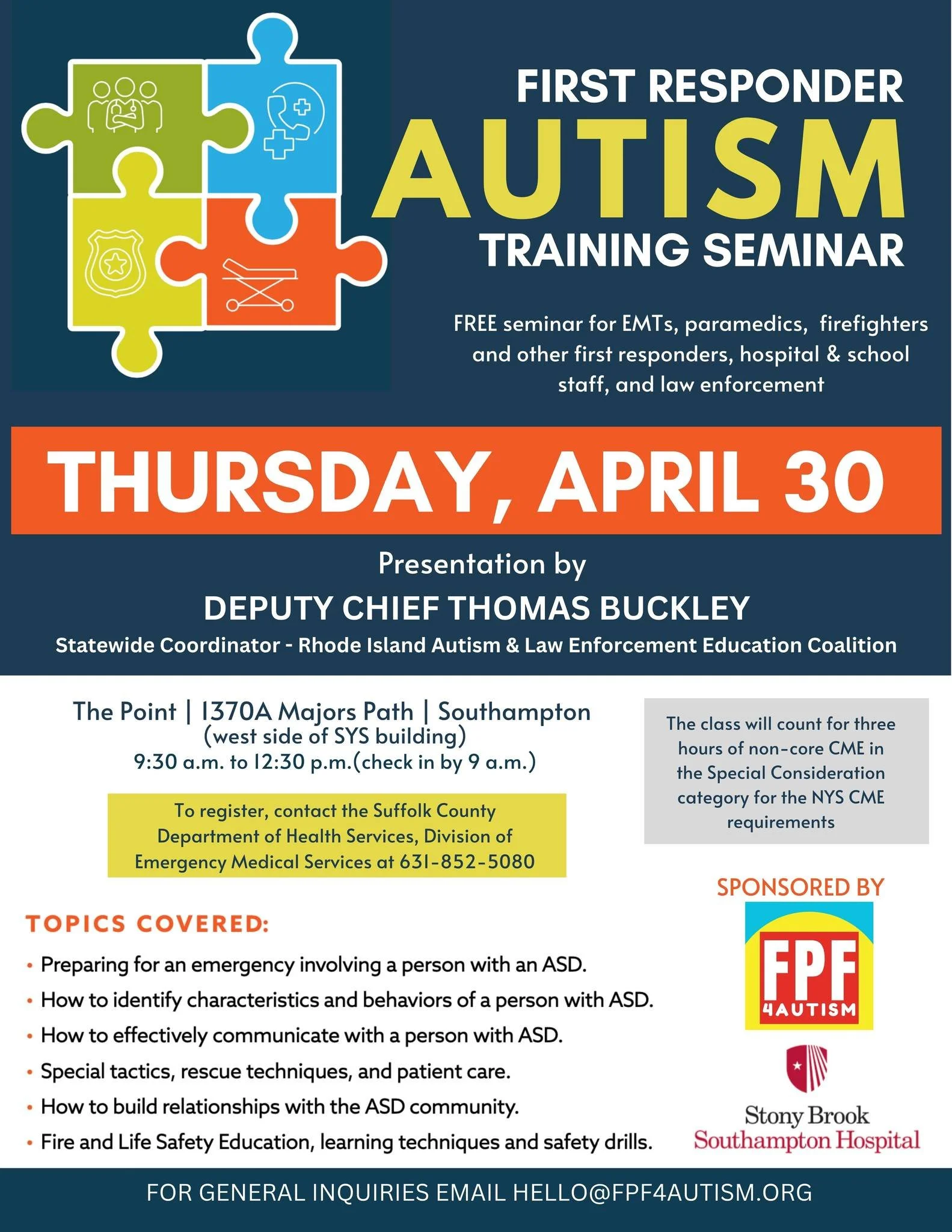 If there is a chance that you may interact with an individual with autism in an emergency situation, please register for our First Responder Autism Training Seminar. It offers valuable information on a variety of scenarios. Registration information i