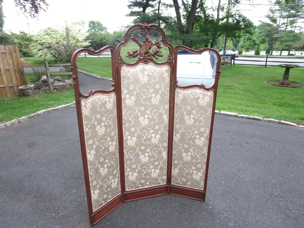 Antique French Walnut Silk Upholstered & Mirrored Screen, Room Divider, Dressing Lee Dowdy Antiques Antique French Walnut Silk Upholstered & Mirrored Screen, Room Divider, Dressing Lee Dowdy Antiques