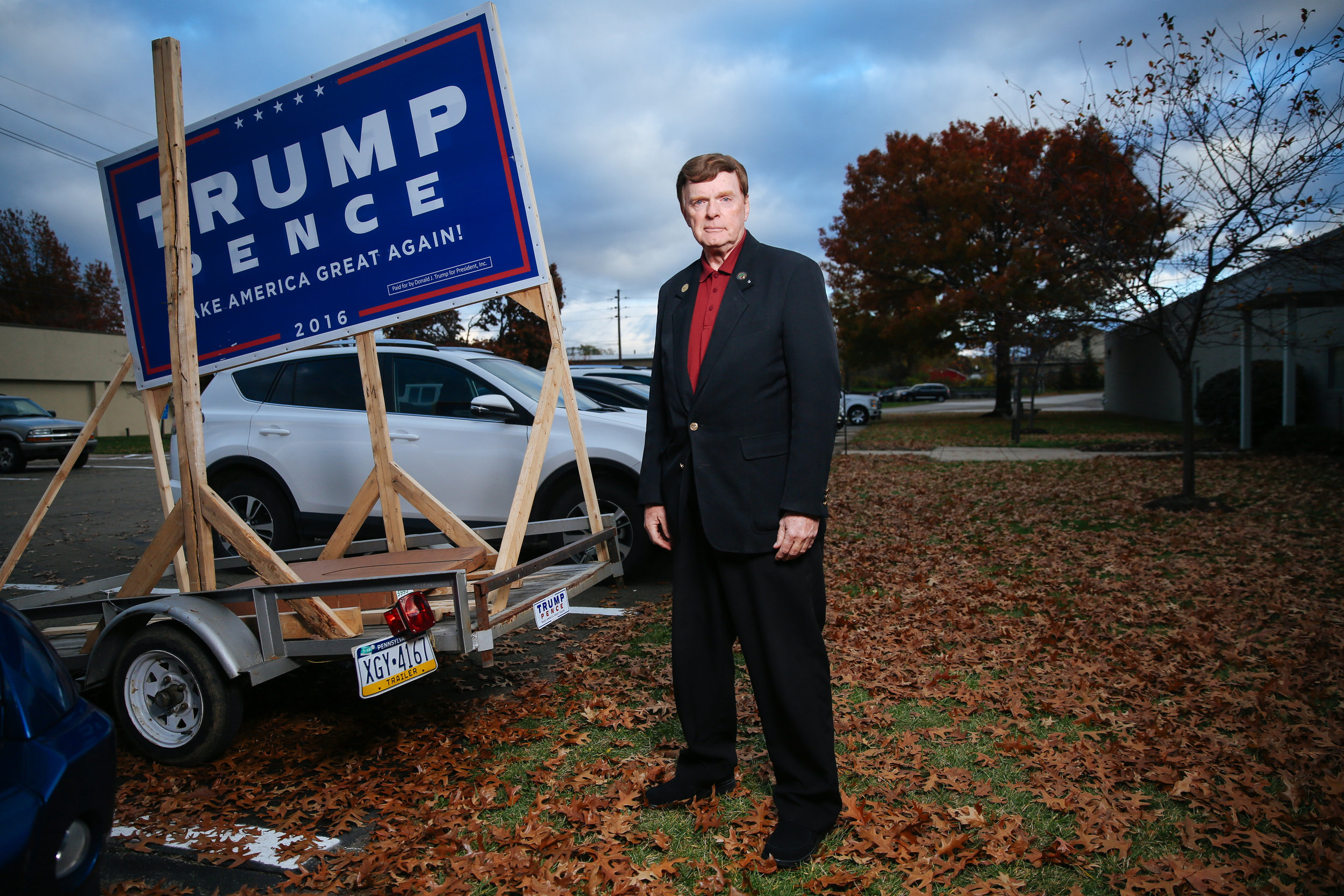  Ron Swenson, 74, former engineer at GM and Ford and army veteran poses for a photograph outside the Trump campaign headquarters in Erie, PA.&nbsp; 