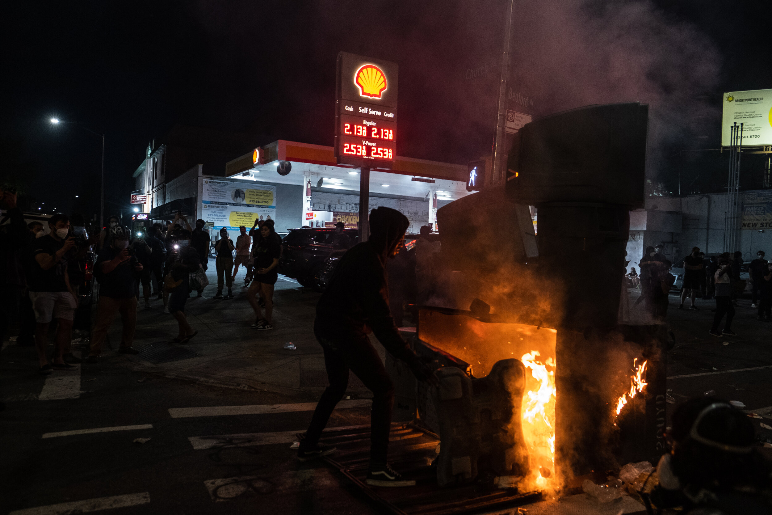  May 30, 2020: New York, NY -   A pile of garbage is set on fire as protesters clash with NYPD officers in Flatbush, Brooklyn after George Floyd was killed while being detained by Minneapolis police on May 25.  