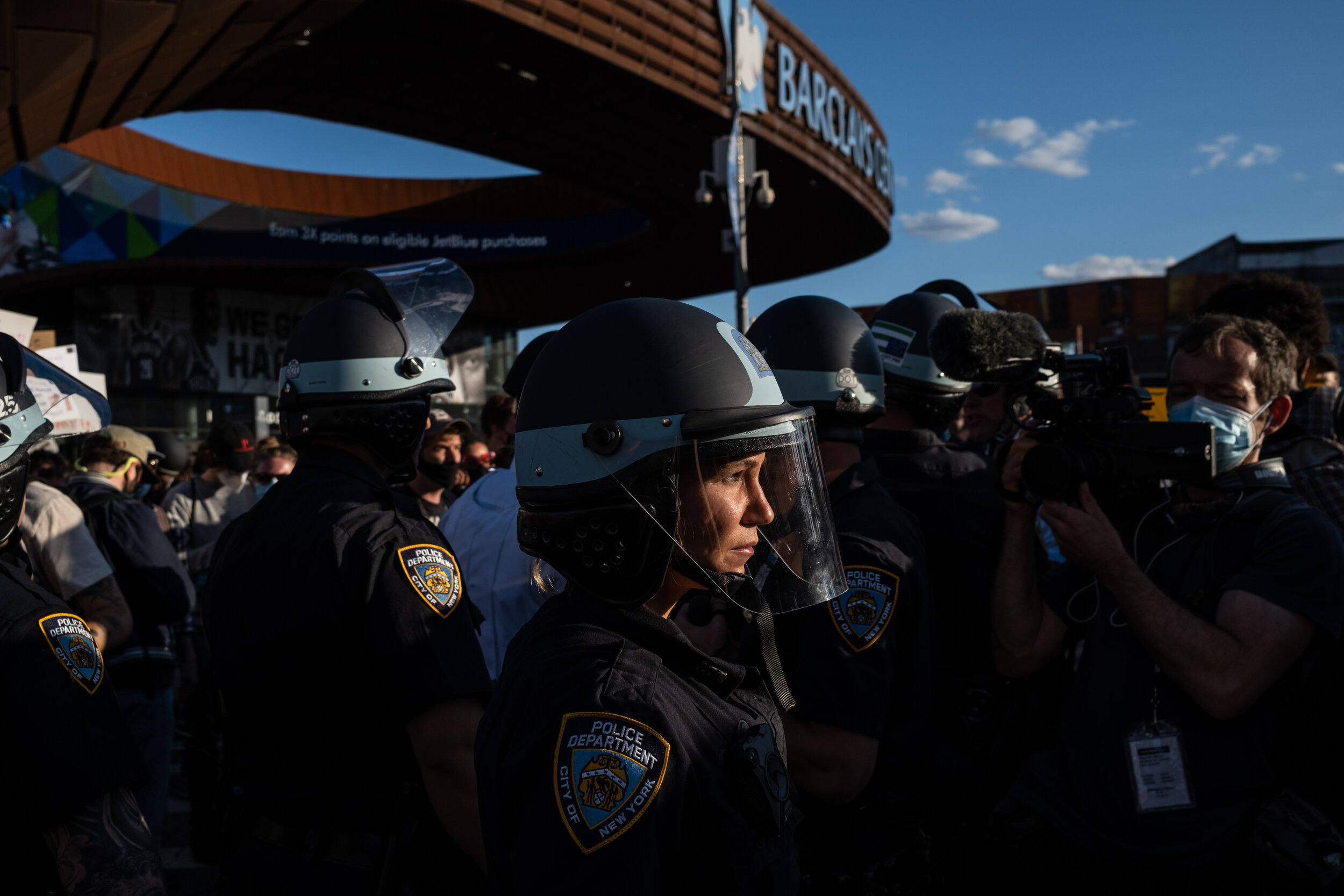  May 31, 2020: New York, NY -   Protesters clash with NYPD officers near the Barclay’s Center in Brooklyn after George Floyd was killed while being detained by Minneapolis police on May 25.  