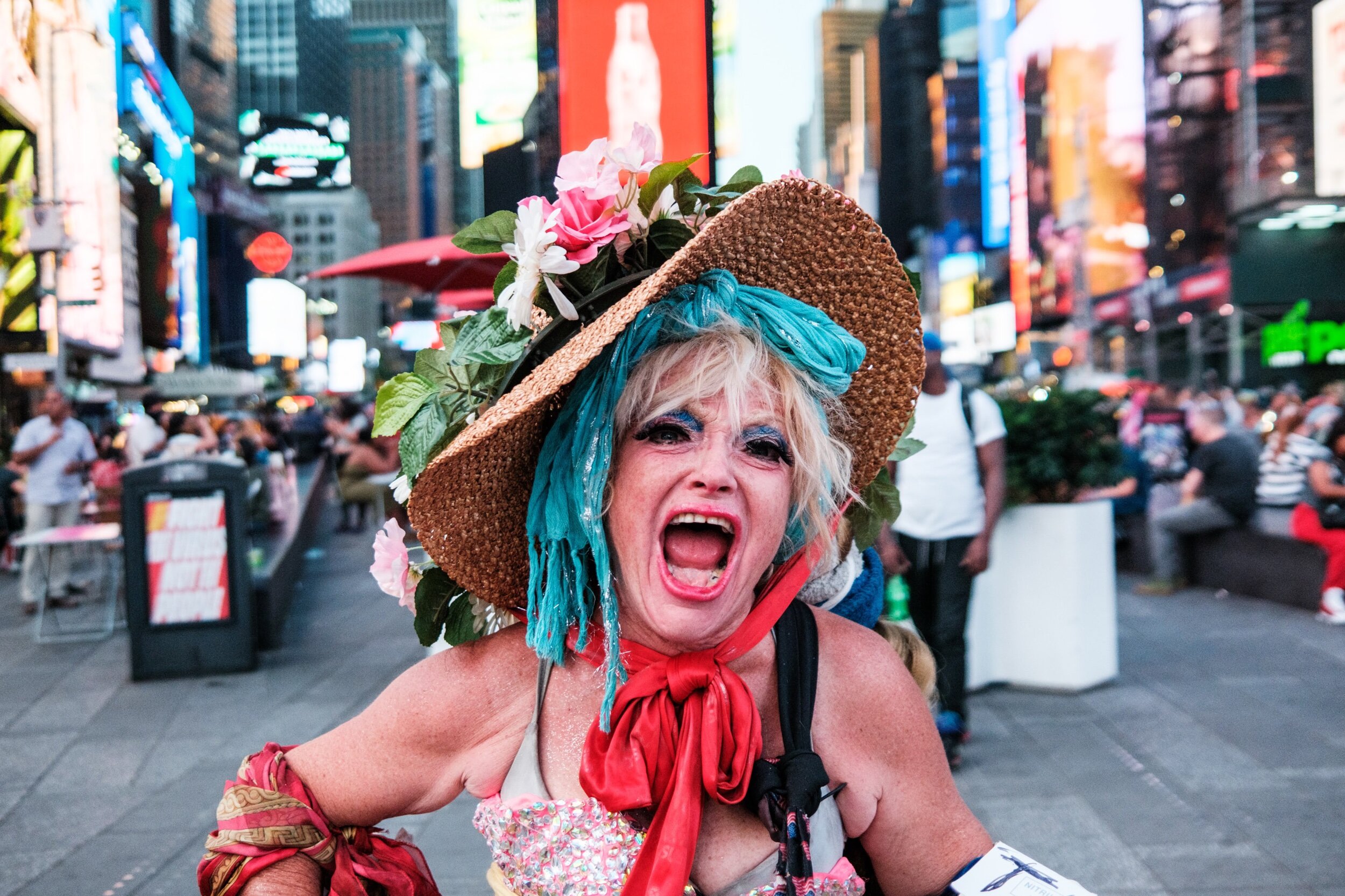  A woman sings in Times Square 