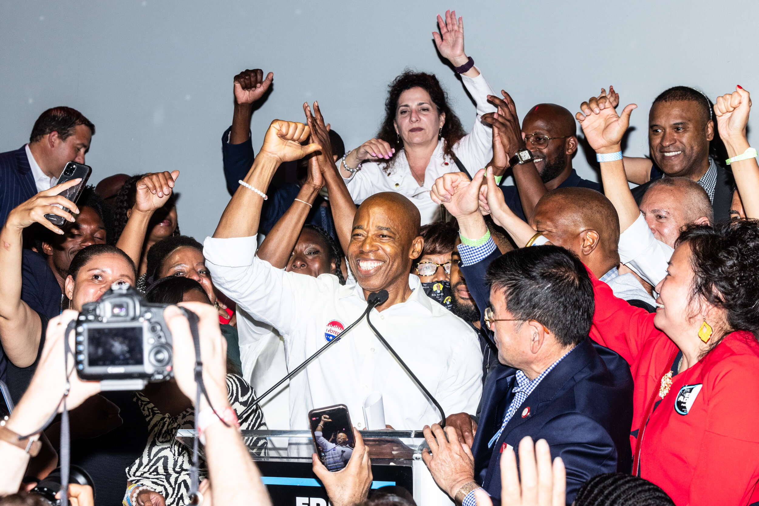  Eric Adams celebrates with supporters after leading in the polls on primary night as he becomes the presumptive mayor of New York City. 