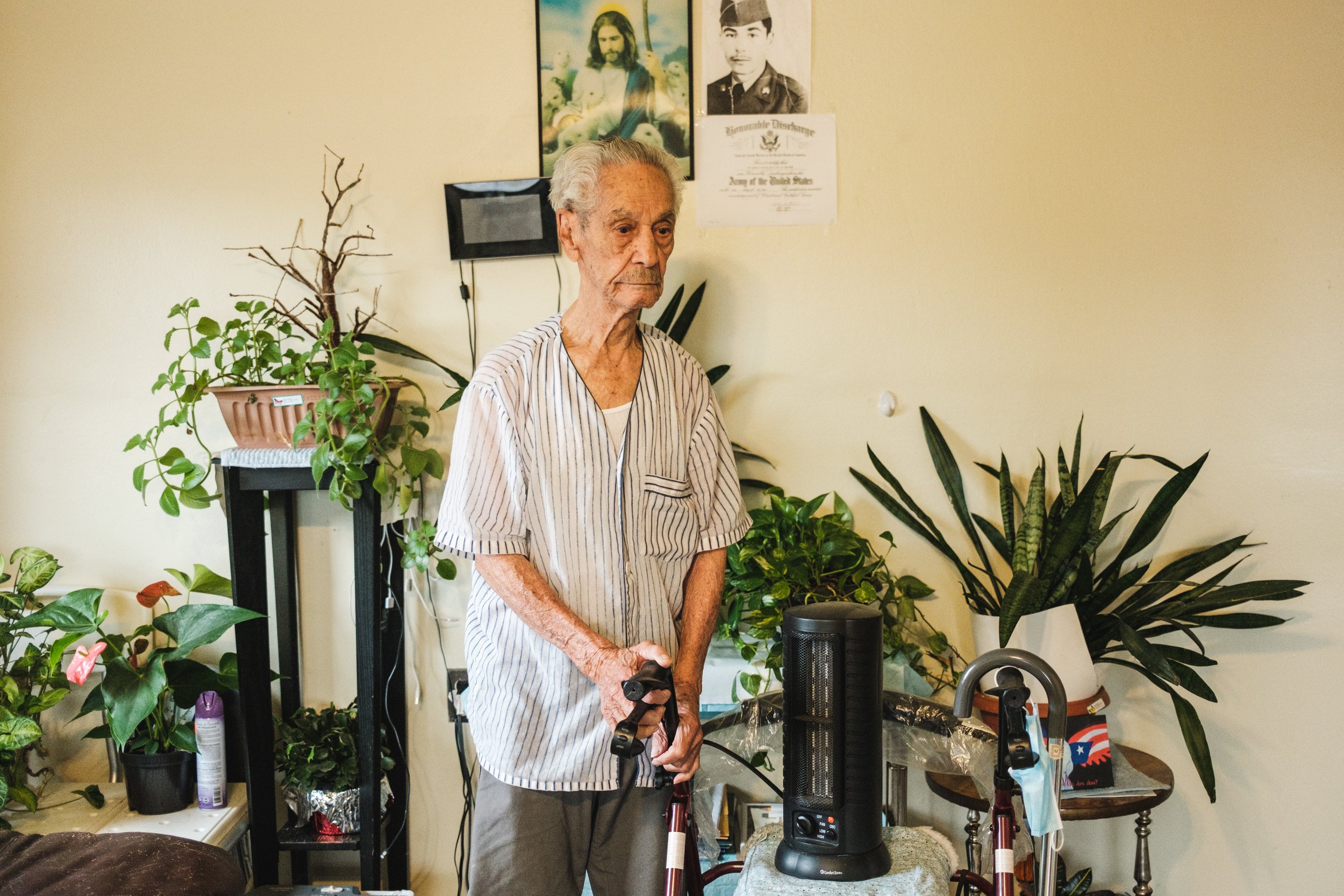  December 24, 2021 - Bronx, NY:  NYCHA resident Manuel Morales, 96, uses multiple space heaters to heat his apartment. Morales’ apartment building at the Bronx River Houses in the Bronx has not had heat in two weeks and despite multiple calls to the 