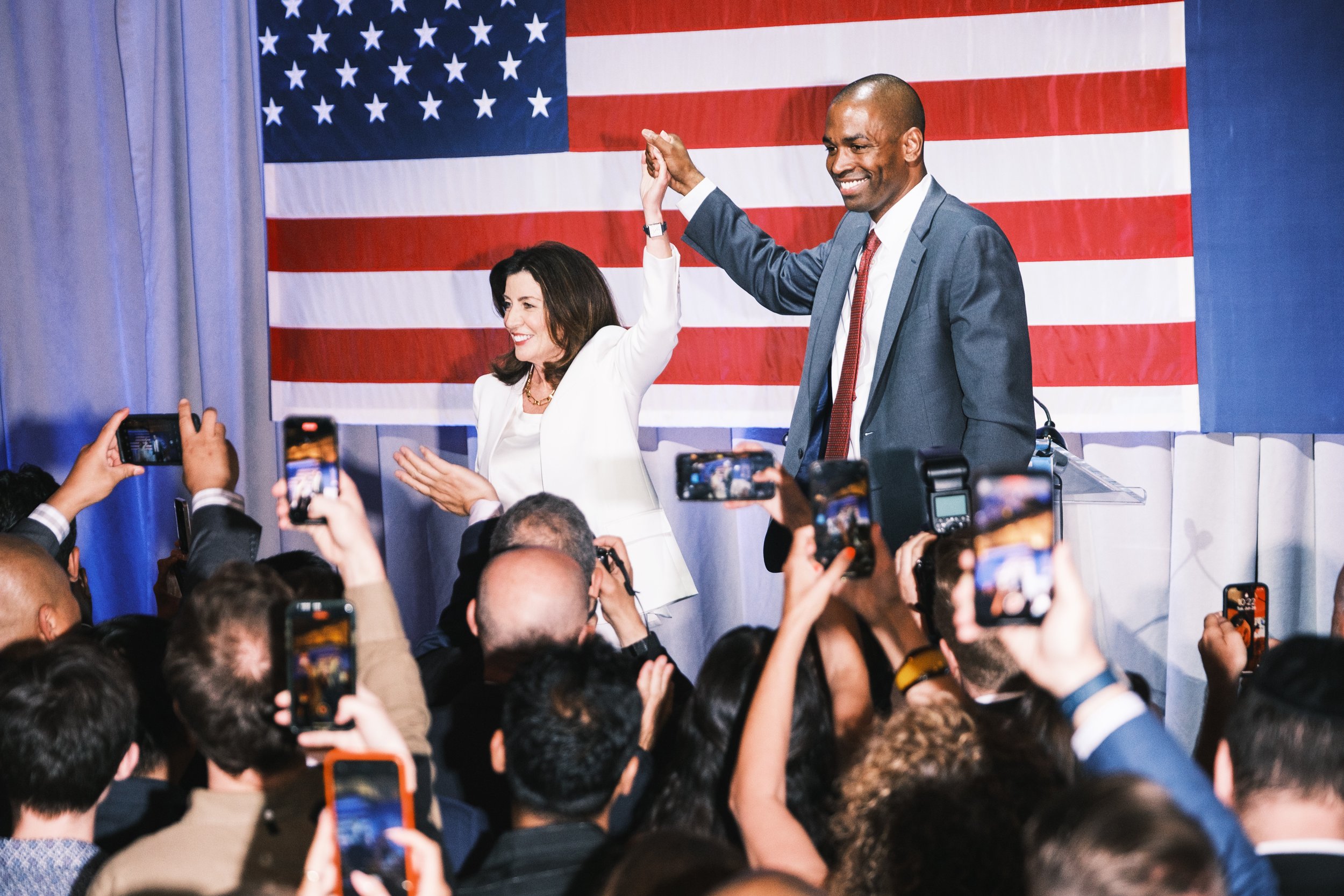  NY State governor Kathy Hochul and Lt. governor Anthony Delgado accept the Democratic Party’s endorsement.  