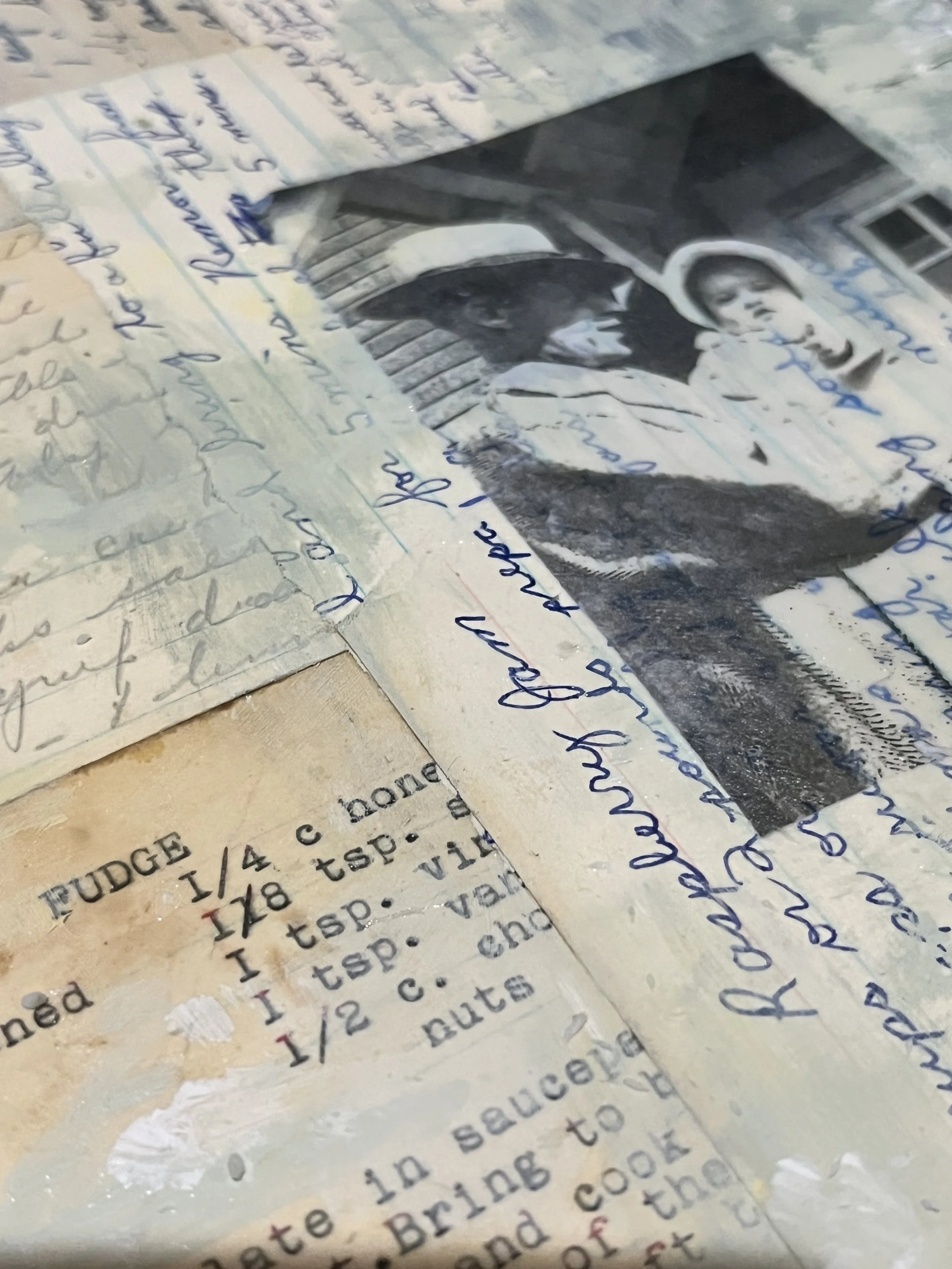 detail shot of mixed media artwork with recipe cards