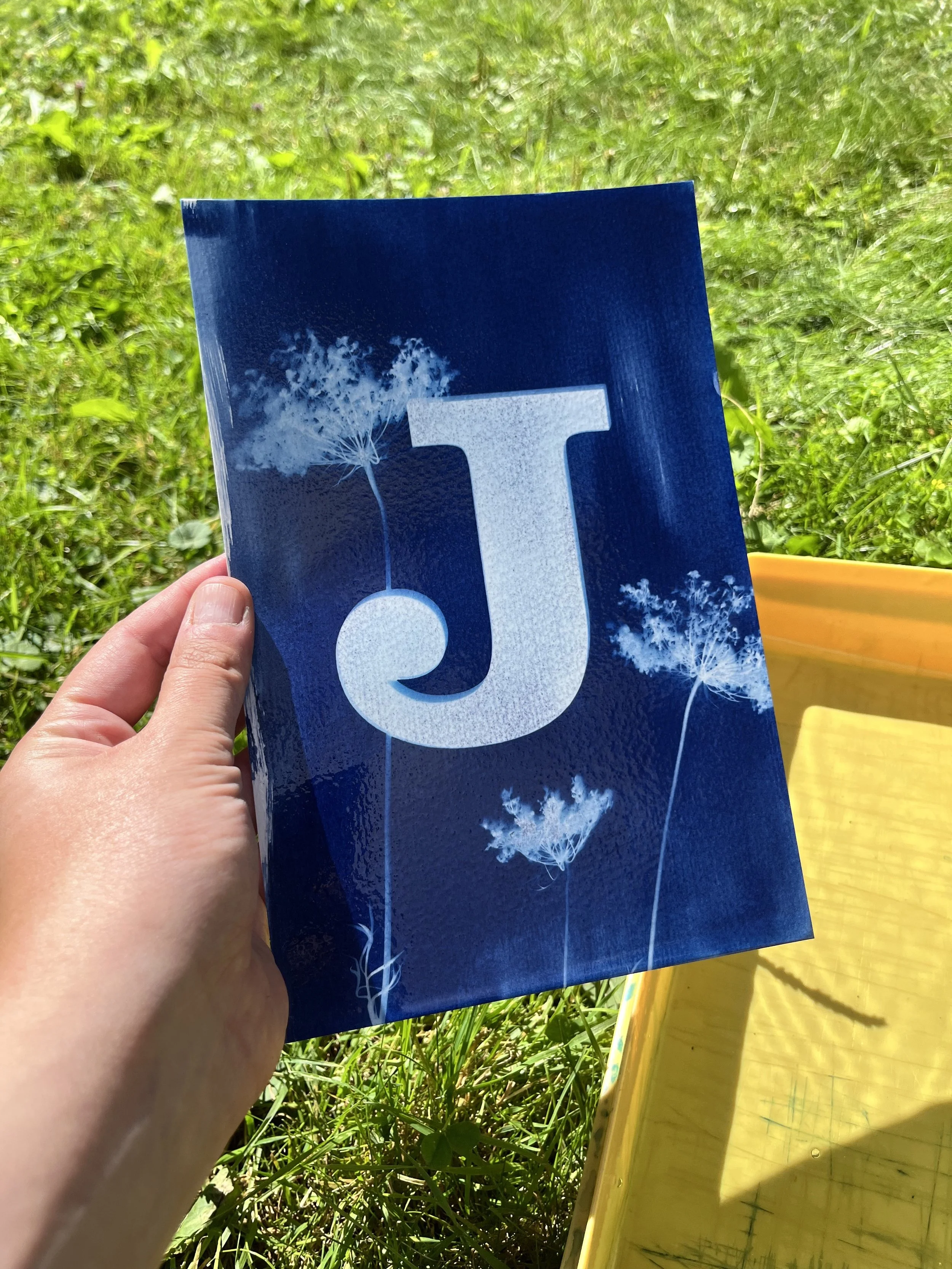 cyanotype of the letter J with wildflower design
