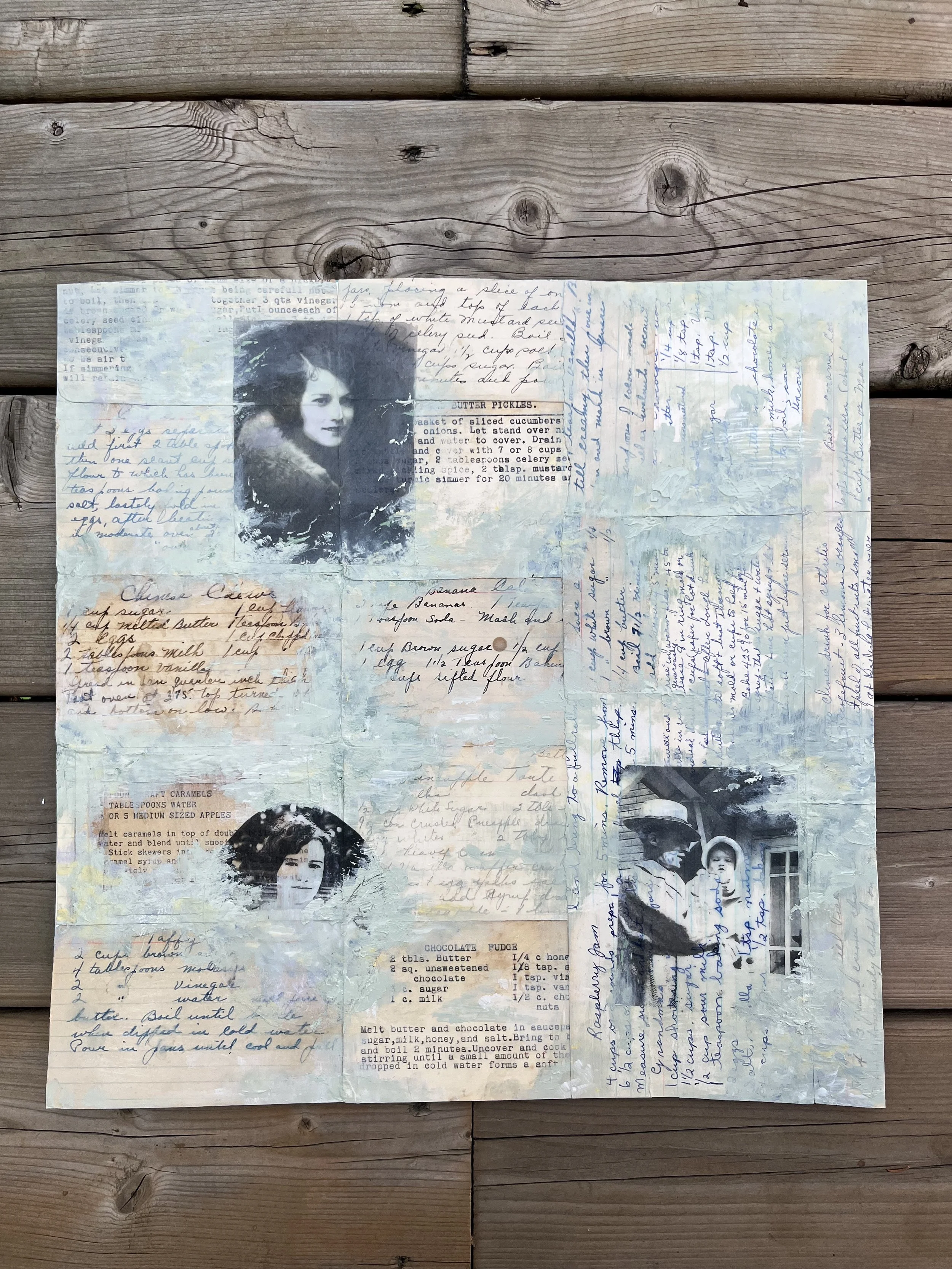 acrylic mixed media artwork with recipe cards