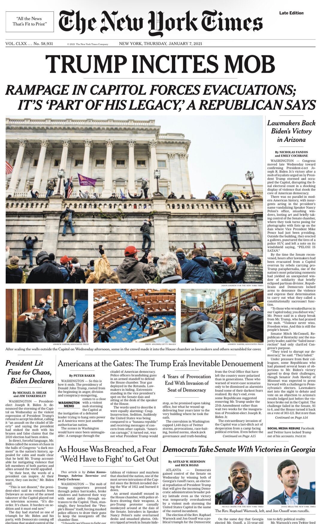 La prima pagina del New York Times del 7 gennaio 2021