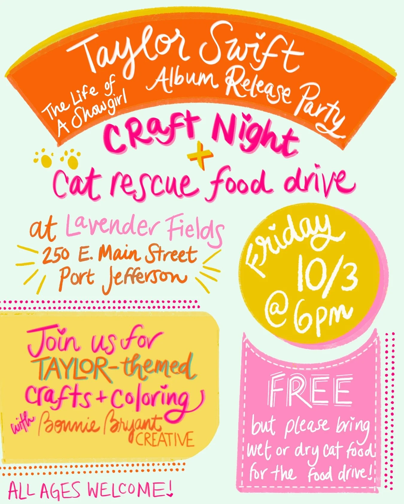 Join me and my friends at @shoplavenderfields next Friday!! We will be celebrating Taylor Swift&rsquo;s new album release AND my new Showgirl Life coloring book, doing fun swiftie crafts for all ages, and most importantly, having a food drive for res