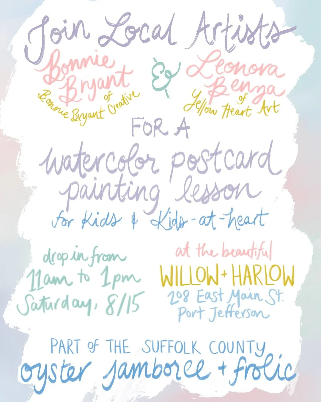 Join me and my bestie @yellowheartart at @willow__harlow this weekend for a fun, free postcard painting class for kids and kids-at-heart! Part of the Port Jeff Oyster Jamboree 🦪🎨✨ thank you to the extraordinary @nicolecardillo for the opportunity!!