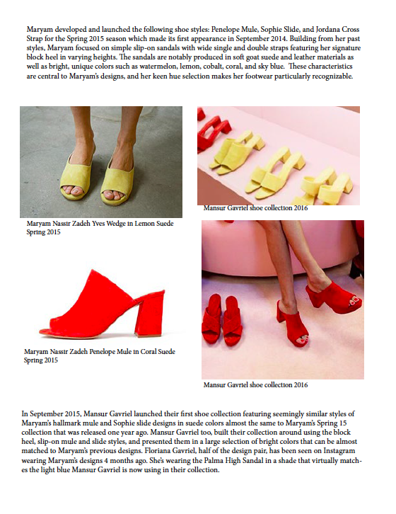 Maryam Nassir Zadeh Press Release in response to WWD's report of copycat shoe designers, Mansur Gavriel.