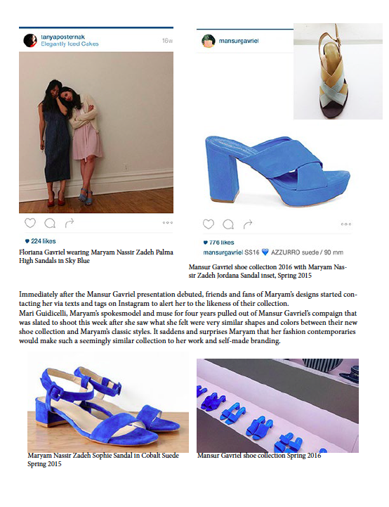 Maryam Nassir Zadeh Press Release in response to WWD's report of copycat shoe designers, Mansur Gavriel.