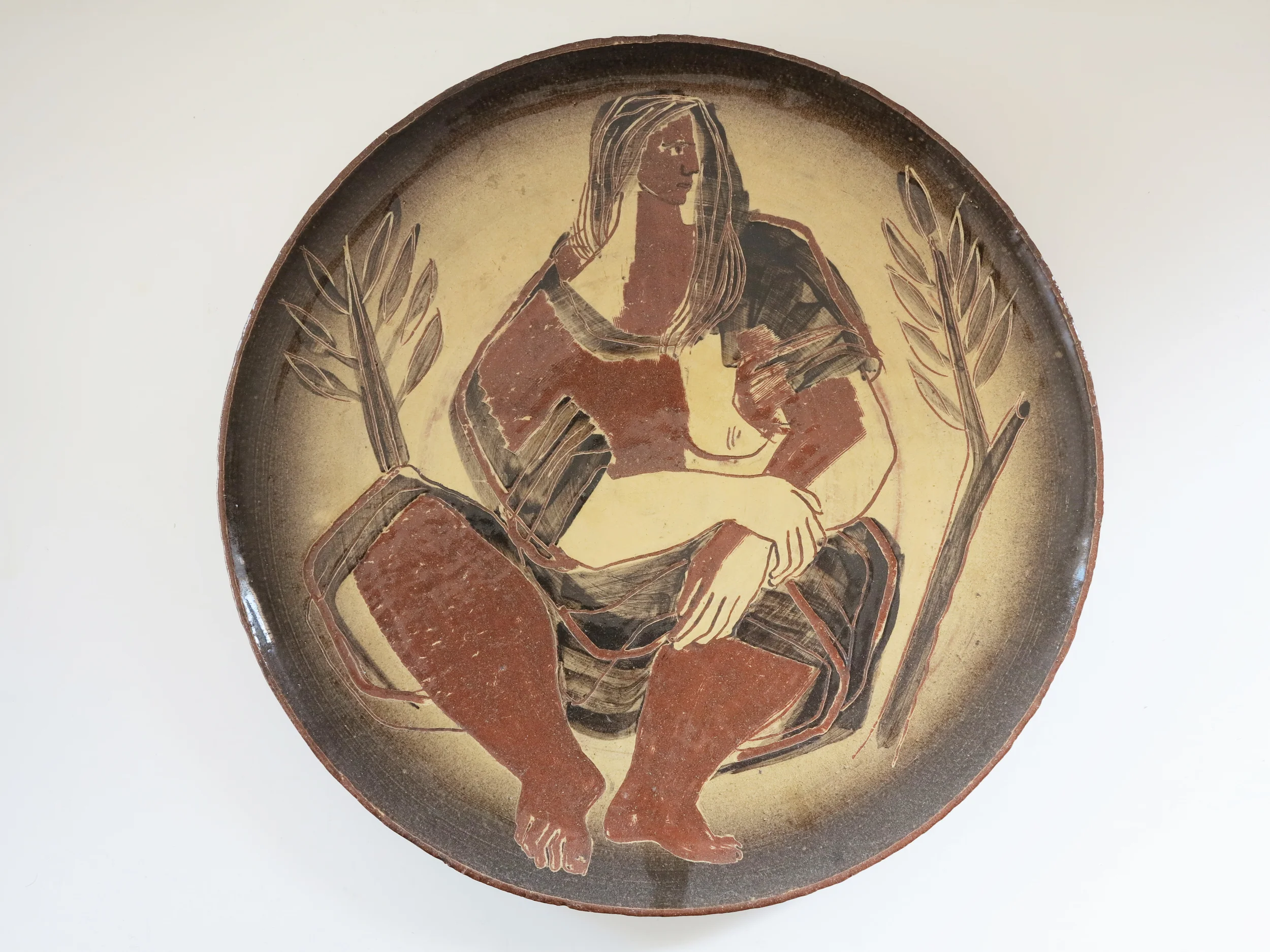 Early 1940s, Incised and Slip Decorated Ceramic Hanging Charger 17" dia.