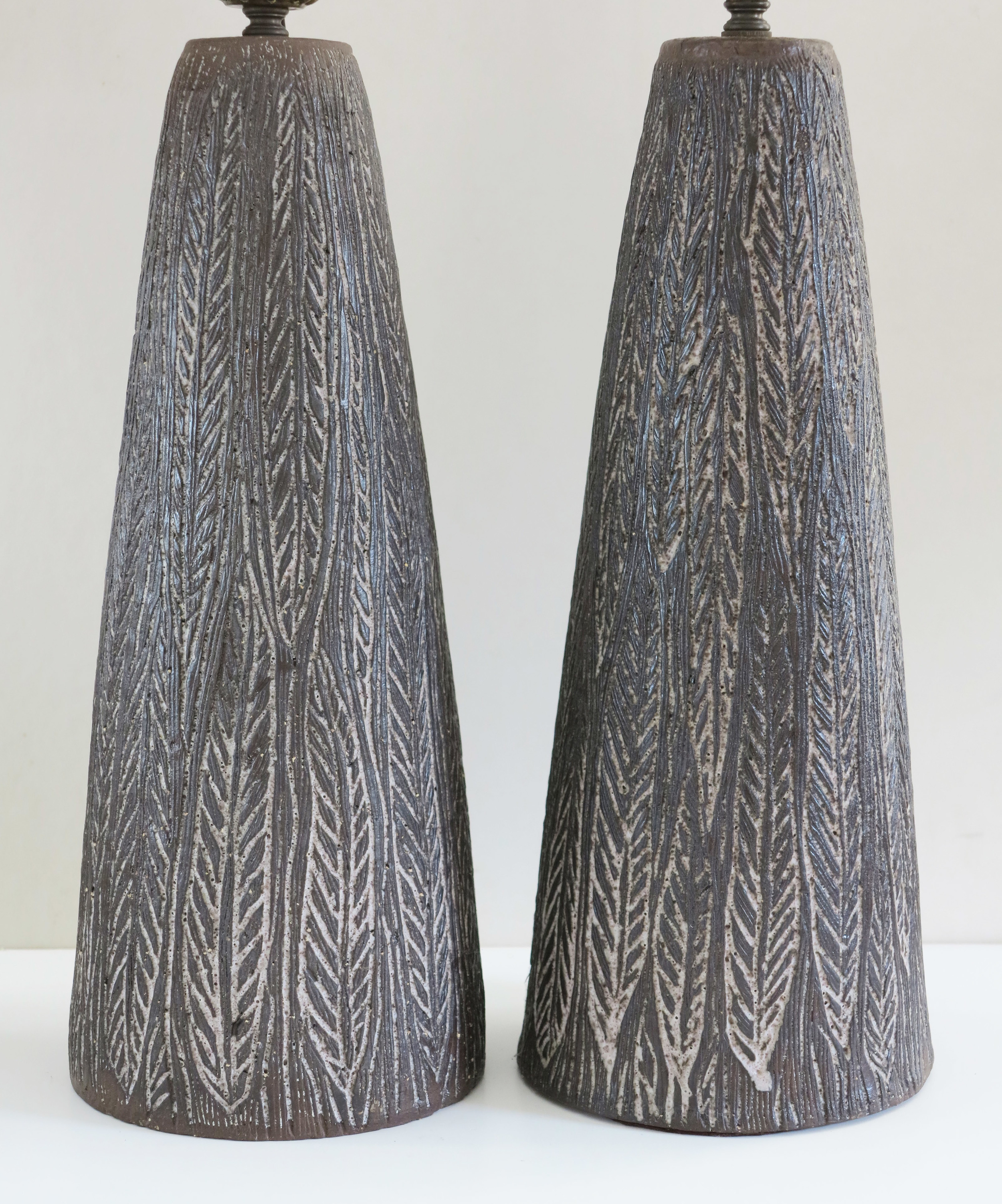 Pair of c1950 carved stoneware lamps by Nancy Wickham (1923-1987). 16" h.