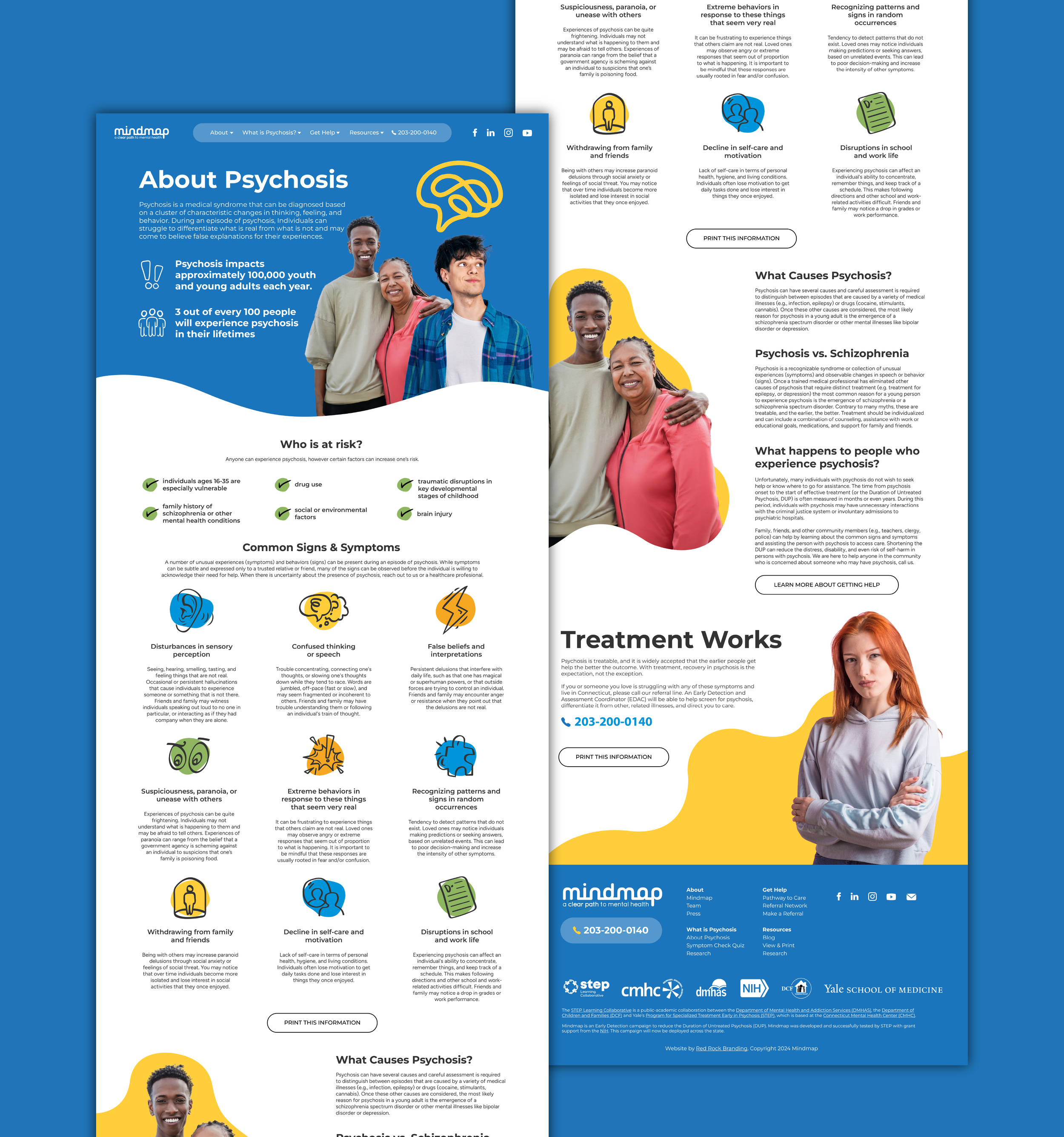 The about psychosis page broke down the risk factors, signs, and symptoms in plain language, with real-life examples that pushed back against how psychosis is typically portrayed in media. From there, visitors could take the symptom-check quiz to fig