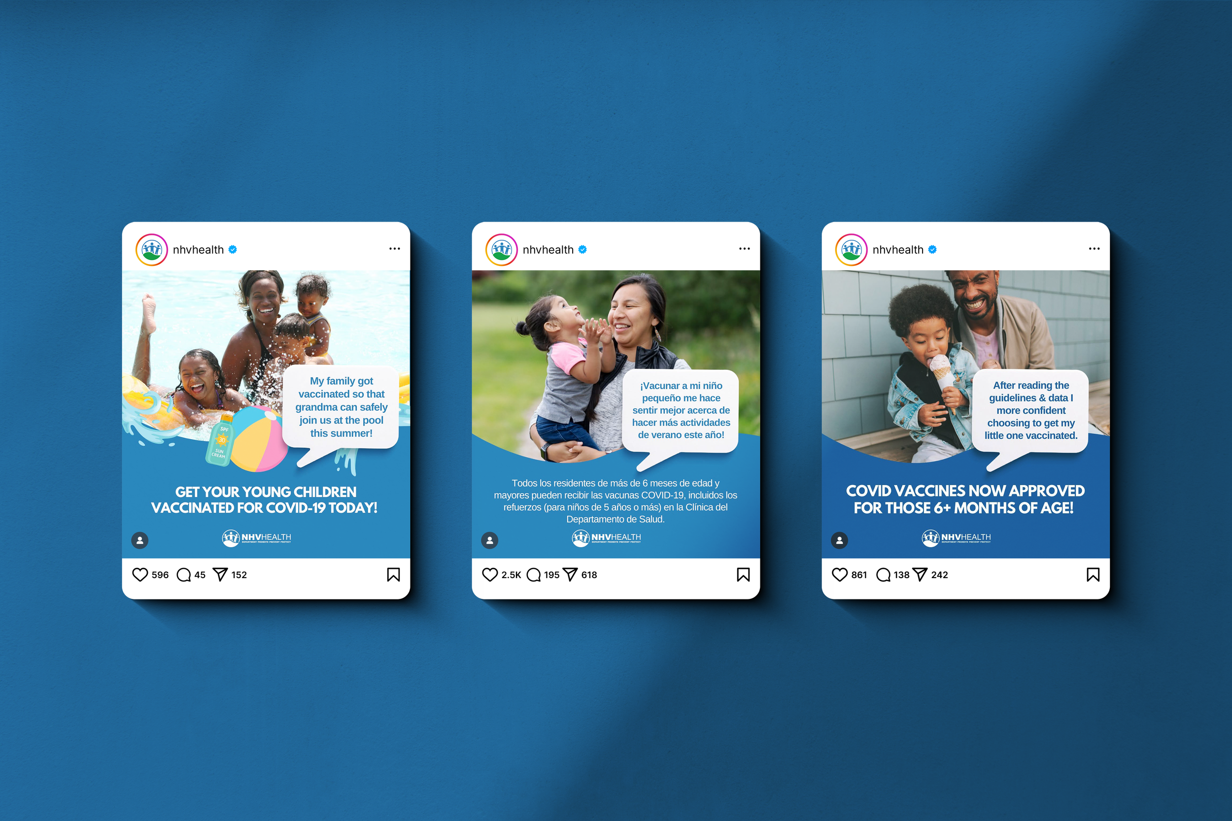 The same idea carried into organic social. And like everything we create for NHV Health, all of it is produced in both English and Spanish so the information actually reaches the people who need it.