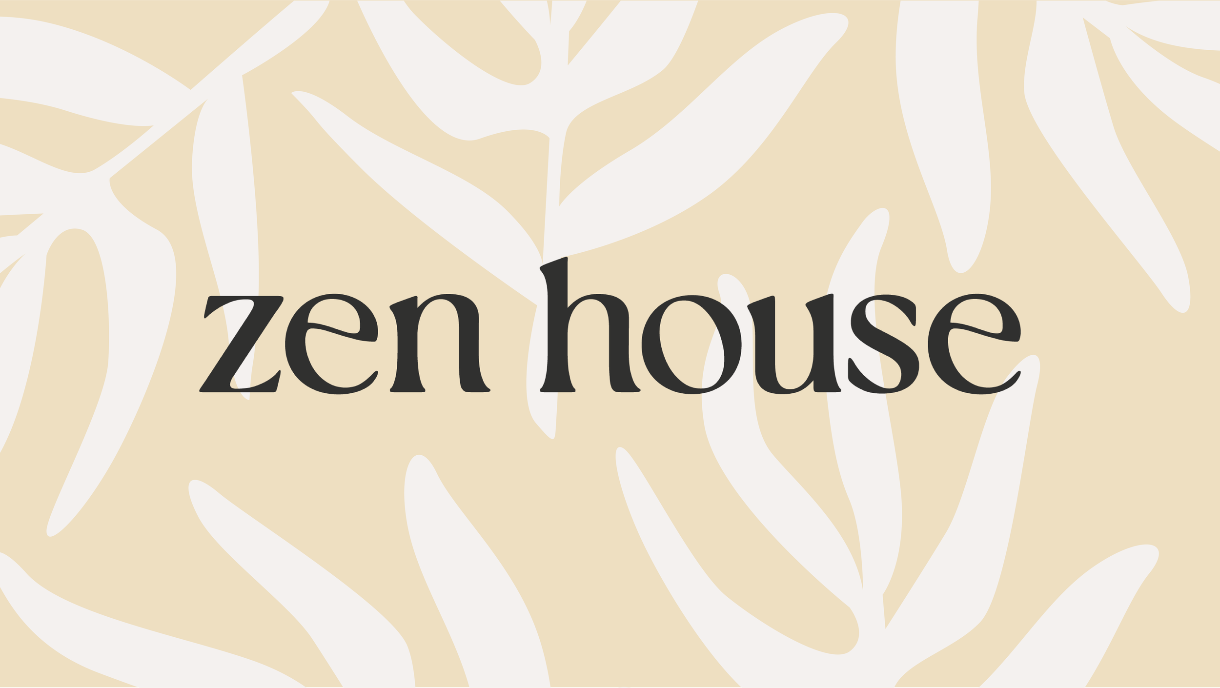 Horizontal Zen House logo created using a customized font. Placed over the brand's iconic palm pattern.