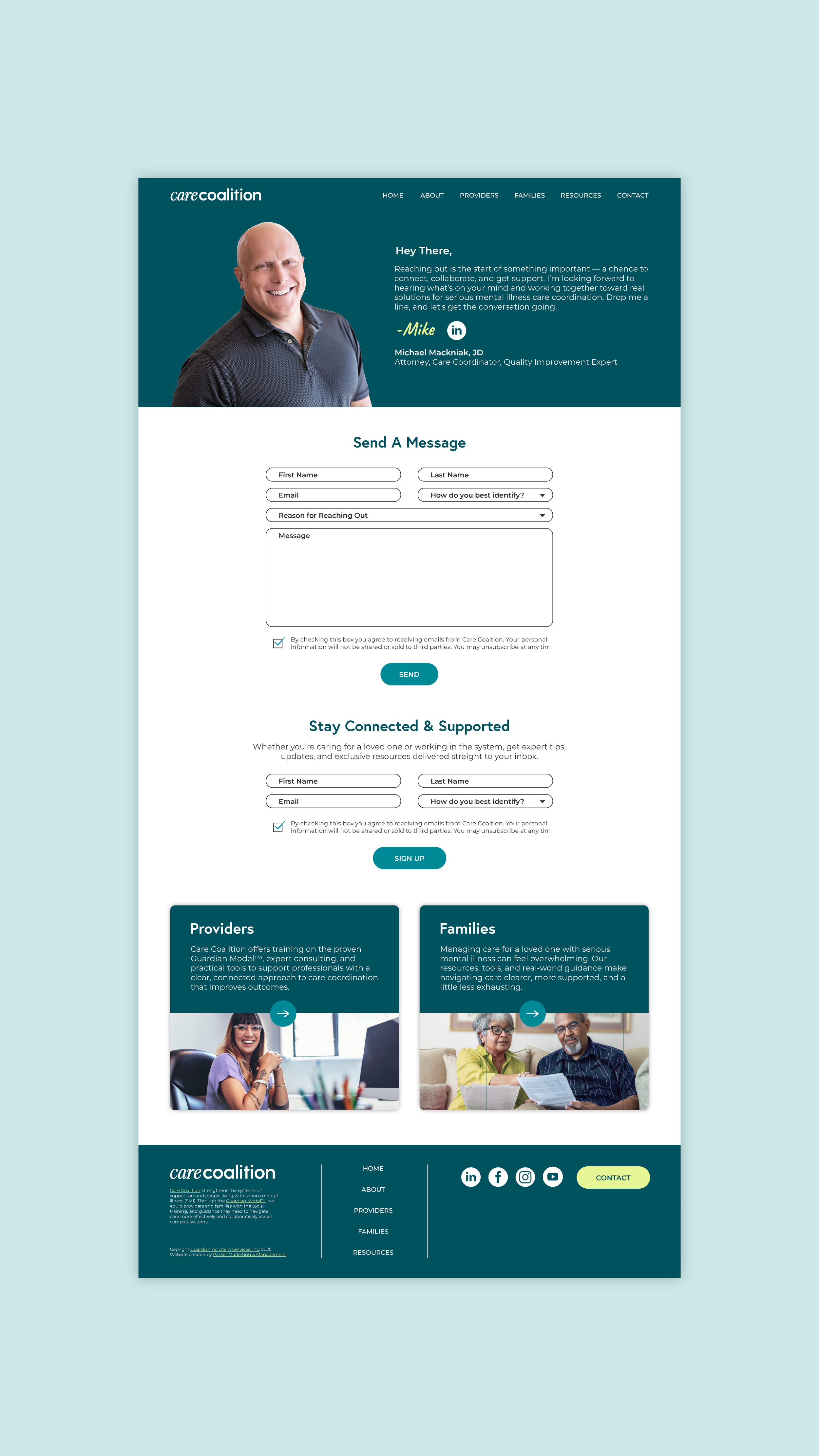 The contact page keeps the same warm tone as the rest of the site, whether someone is ready to book a consultation with Mike or exploring a collaboration.