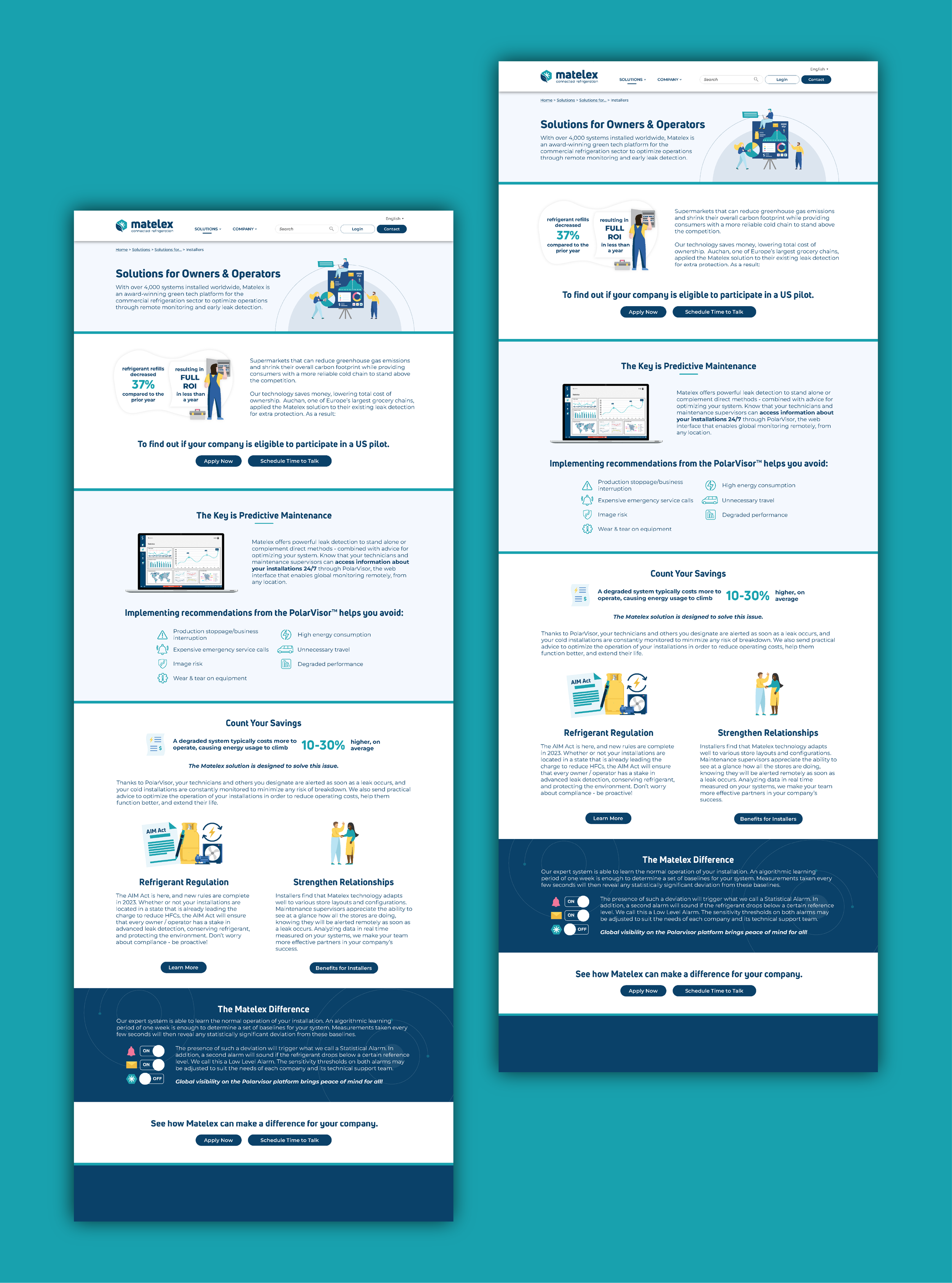 One of the first things we tackled was the website. I built two dedicated landing pages, one for installers and one for owners and operators, each speaking directly to the benefits of Matelex technology for that specific audience.