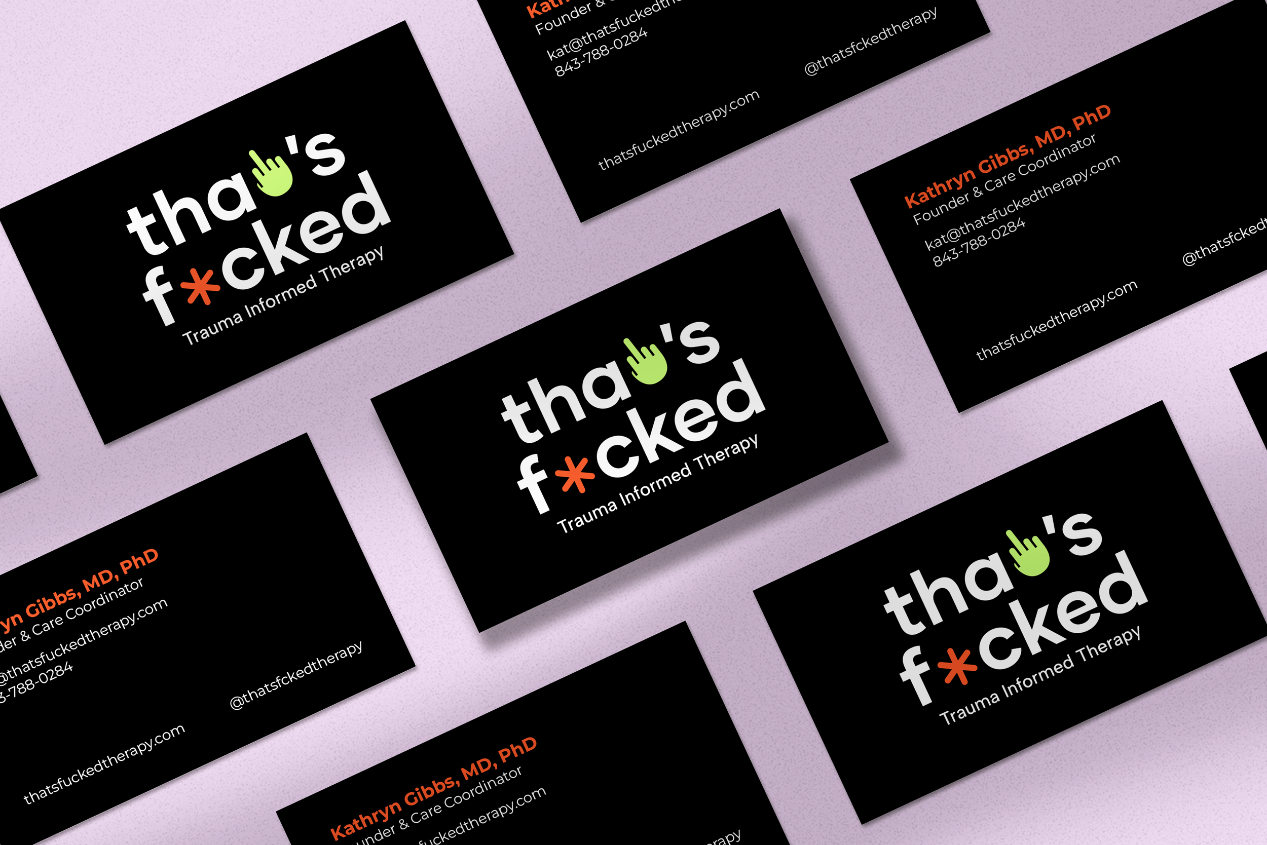 Even the business cards had to be on brand. For That's Fucked, handing someone your card is already an invitation to drop the filter.