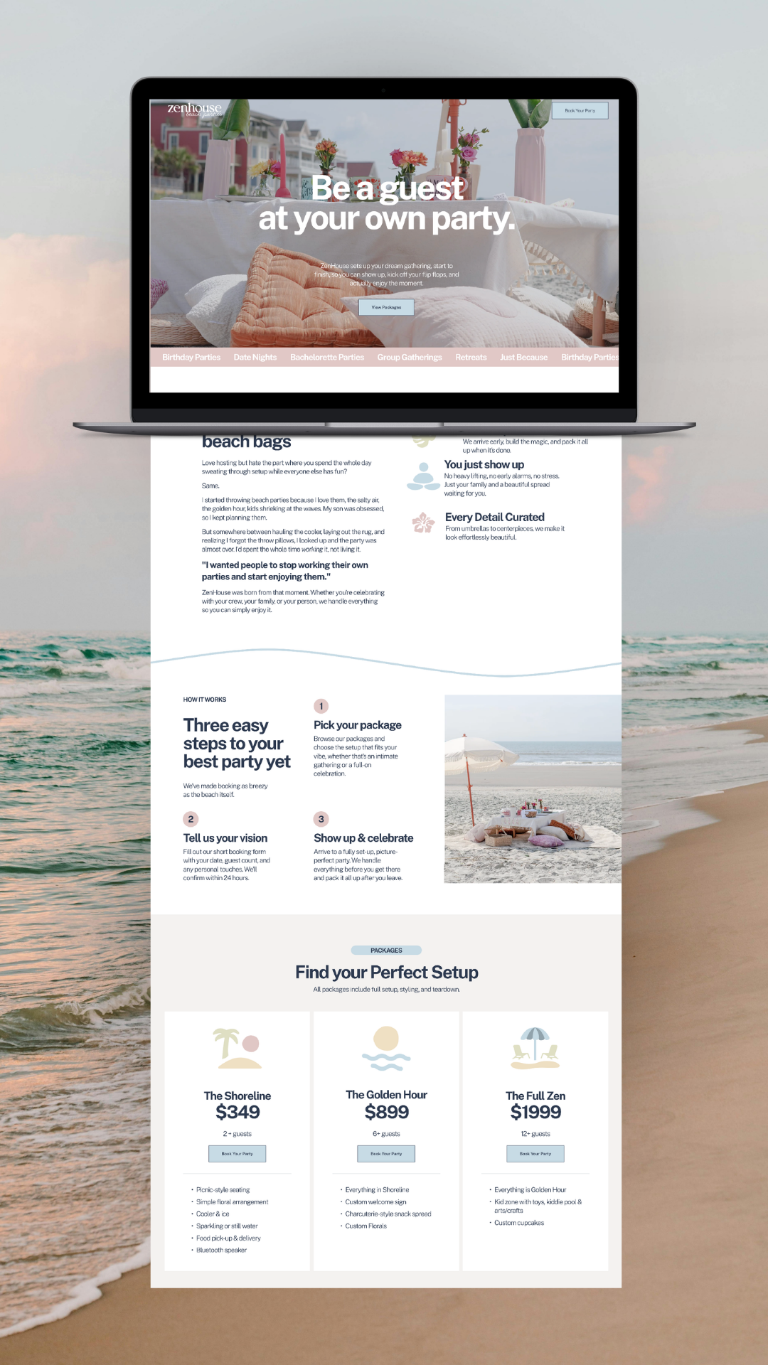 Zen House Beach Parties website landing page. Features custom brand illustrations.