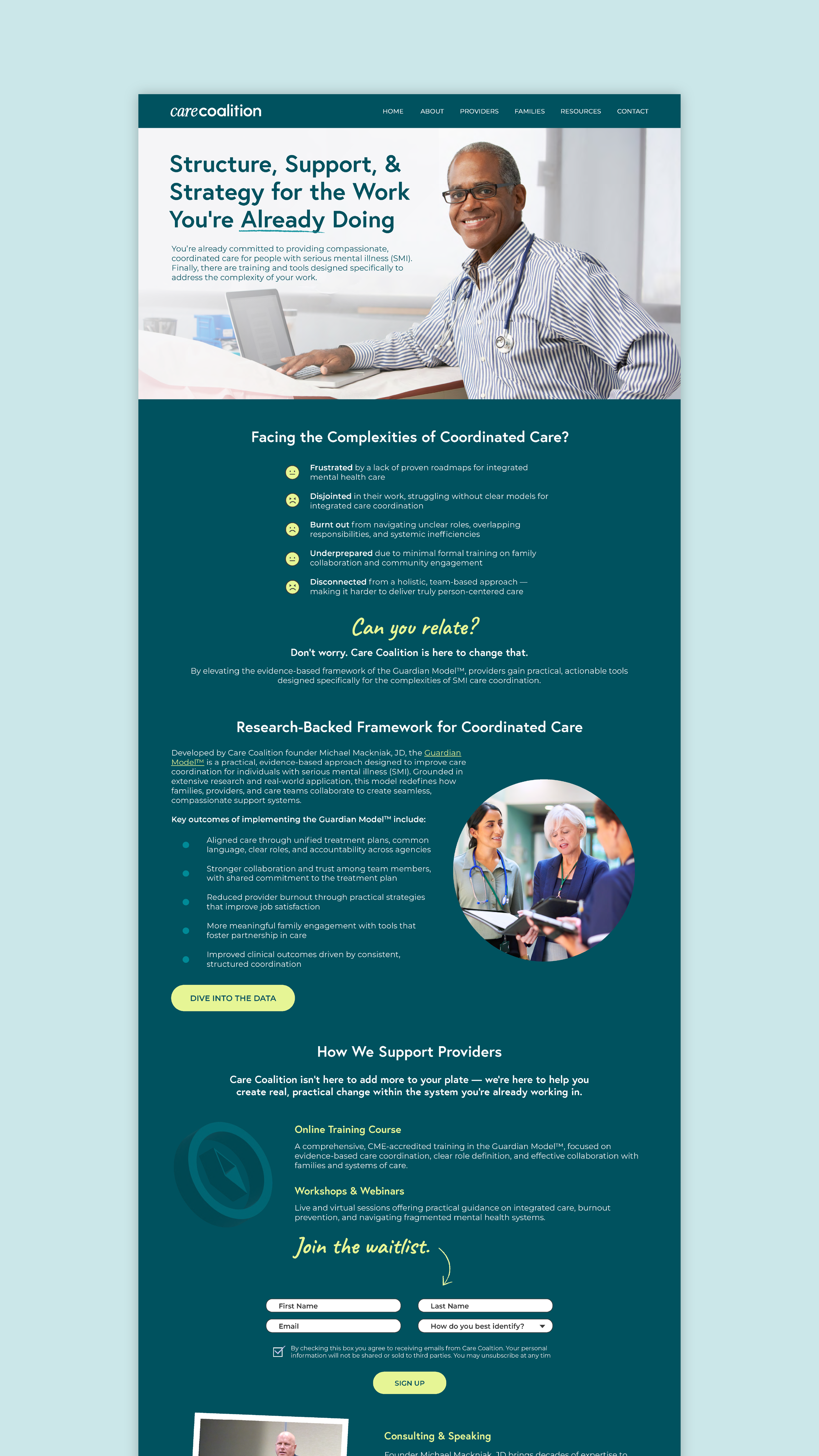 The providers page meets professionals where they are: stretched thin, navigating complex cases without enough time or tools to do it well. The Care Coalition training is positioned as the solution built for exactly that.