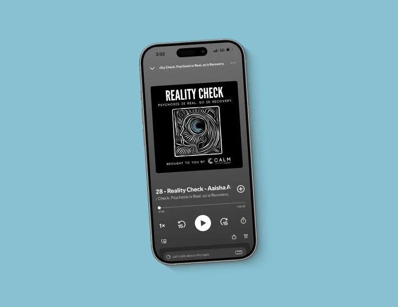 The new brand direction extended into audio with cover art for CALM's Reality Check Podcast, keeping the visual identity consistent across every platform.
