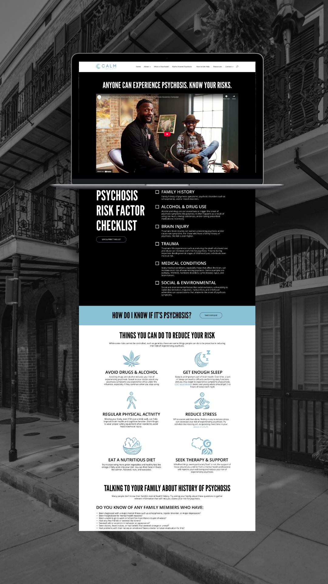 The dedicated landing page anchored the campaign, featuring videos of local influencers sharing real conversations about their experiences with psychosis, followed by educational resources on risk factors and pathways to getting help.